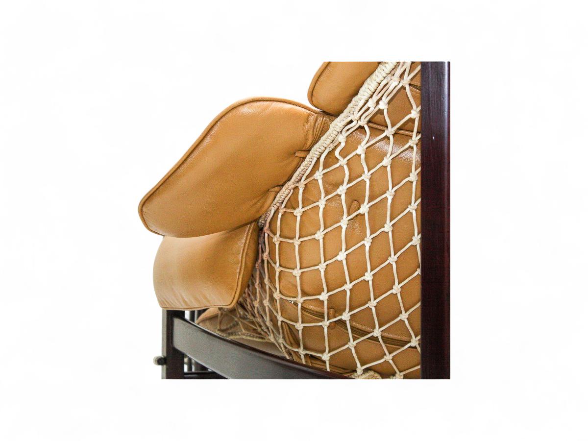 Brazilian Modern “Jangada” Armchair & Stool in Hardwood & Leather, Jean Gillon In Good Condition For Sale In New York, NY