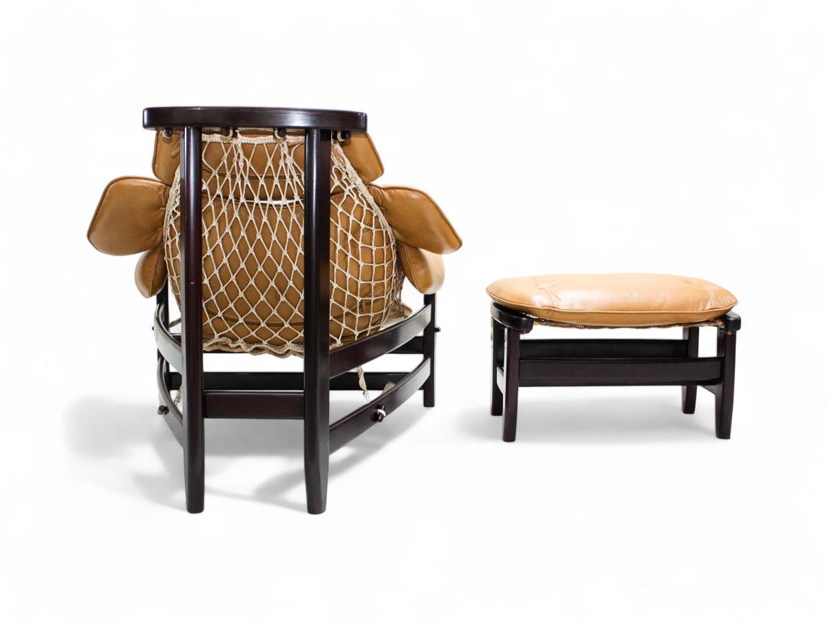 20th Century Brazilian Modern “Jangada” Armchair & Stool in Hardwood & Leather, Jean Gillon For Sale