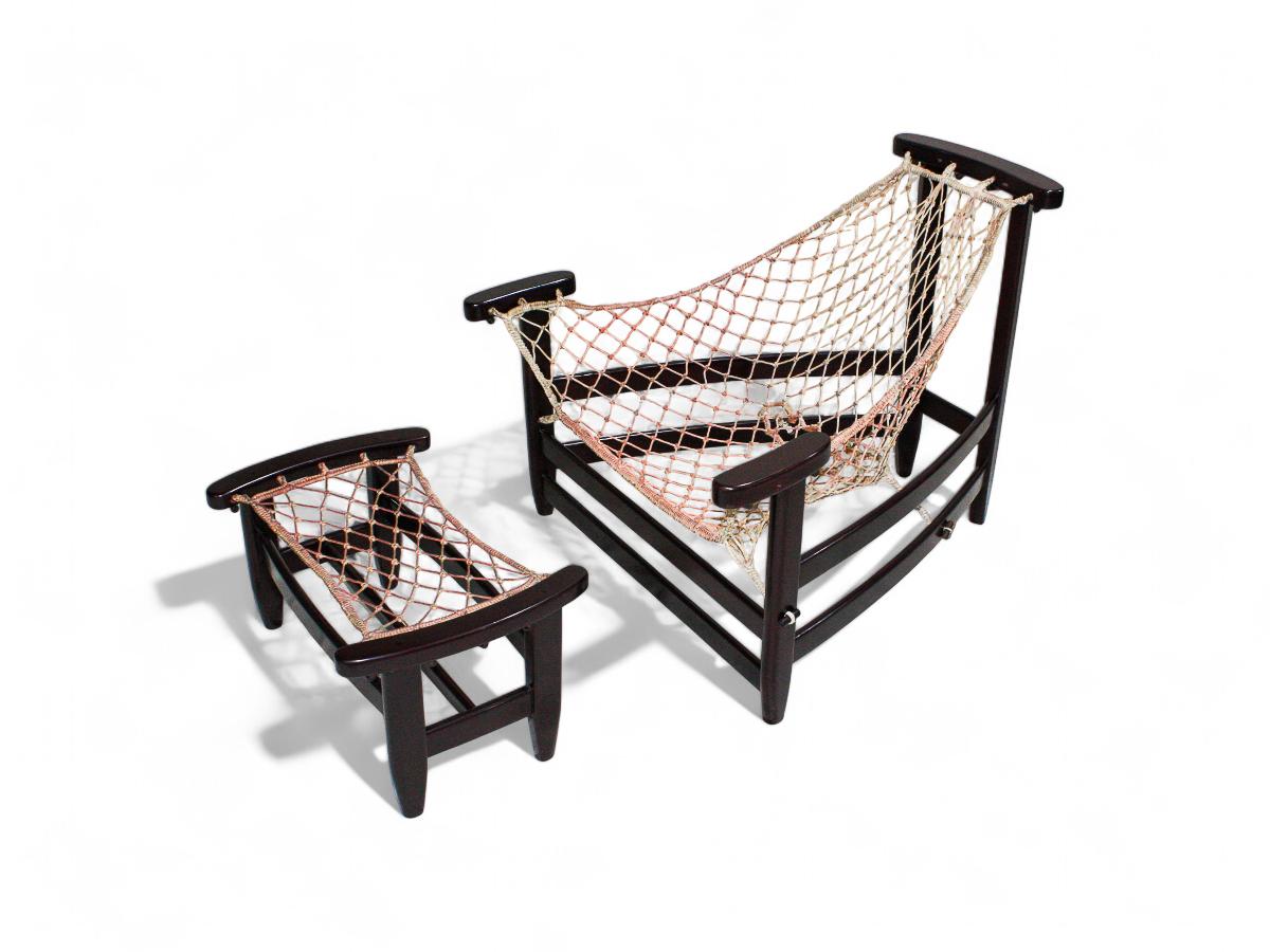 Brazilian Modern “Jangada” Armchair & Stool in Hardwood & Leather, Jean Gillon For Sale 1