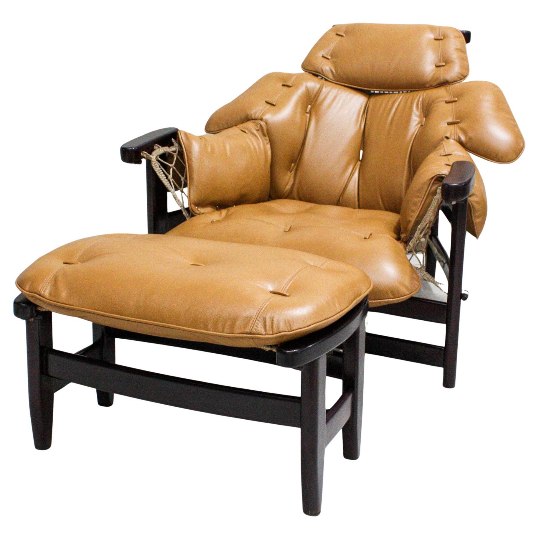 Brazilian Modern “Jangada” Armchair & Stool in Hardwood & Leather, Jean Gillon For Sale