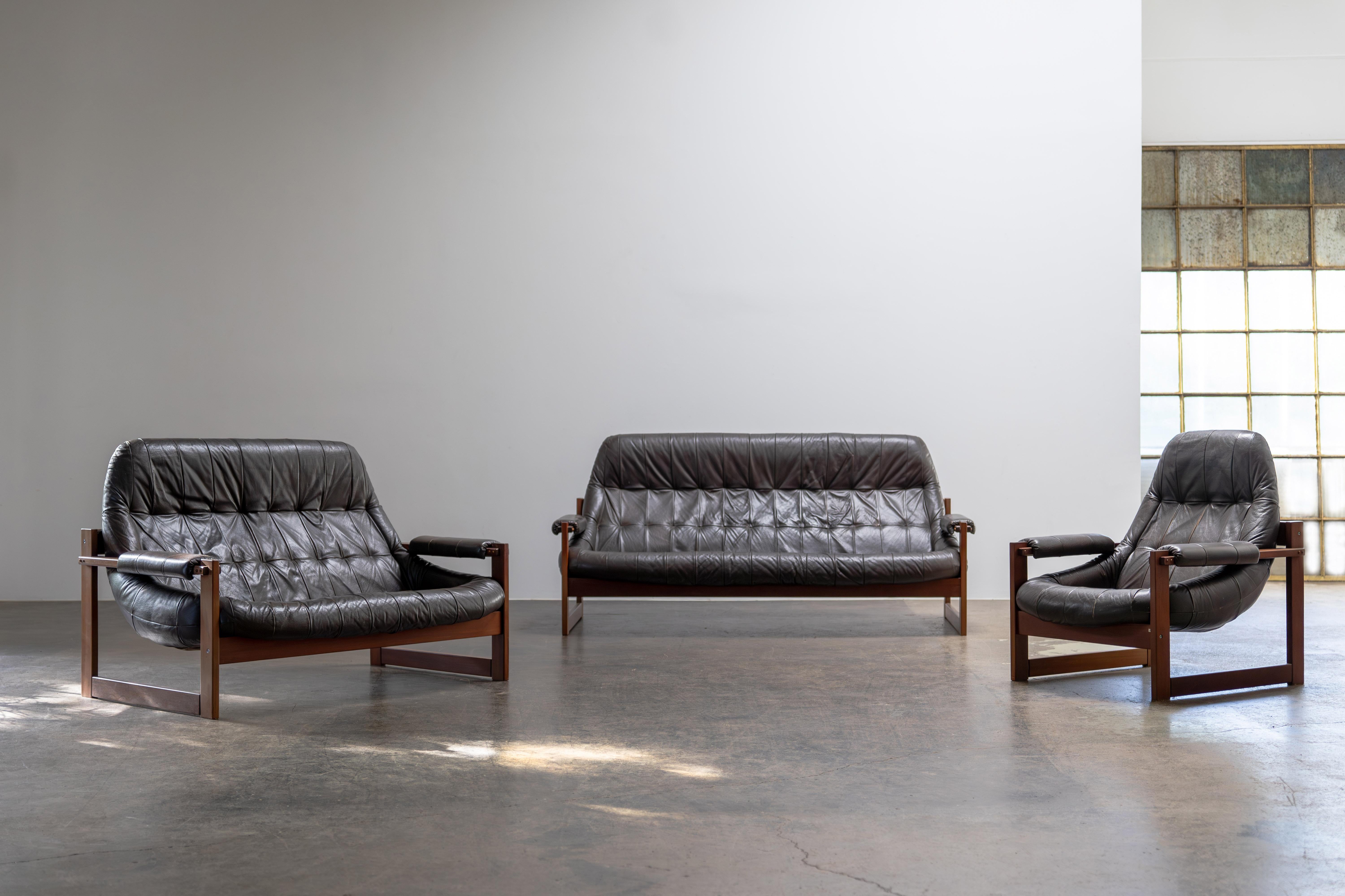 Mid-Century Modern Brazilian Modern Leather Sofas and Lounge Chair by Percival Lafer Brazil, 1970s For Sale