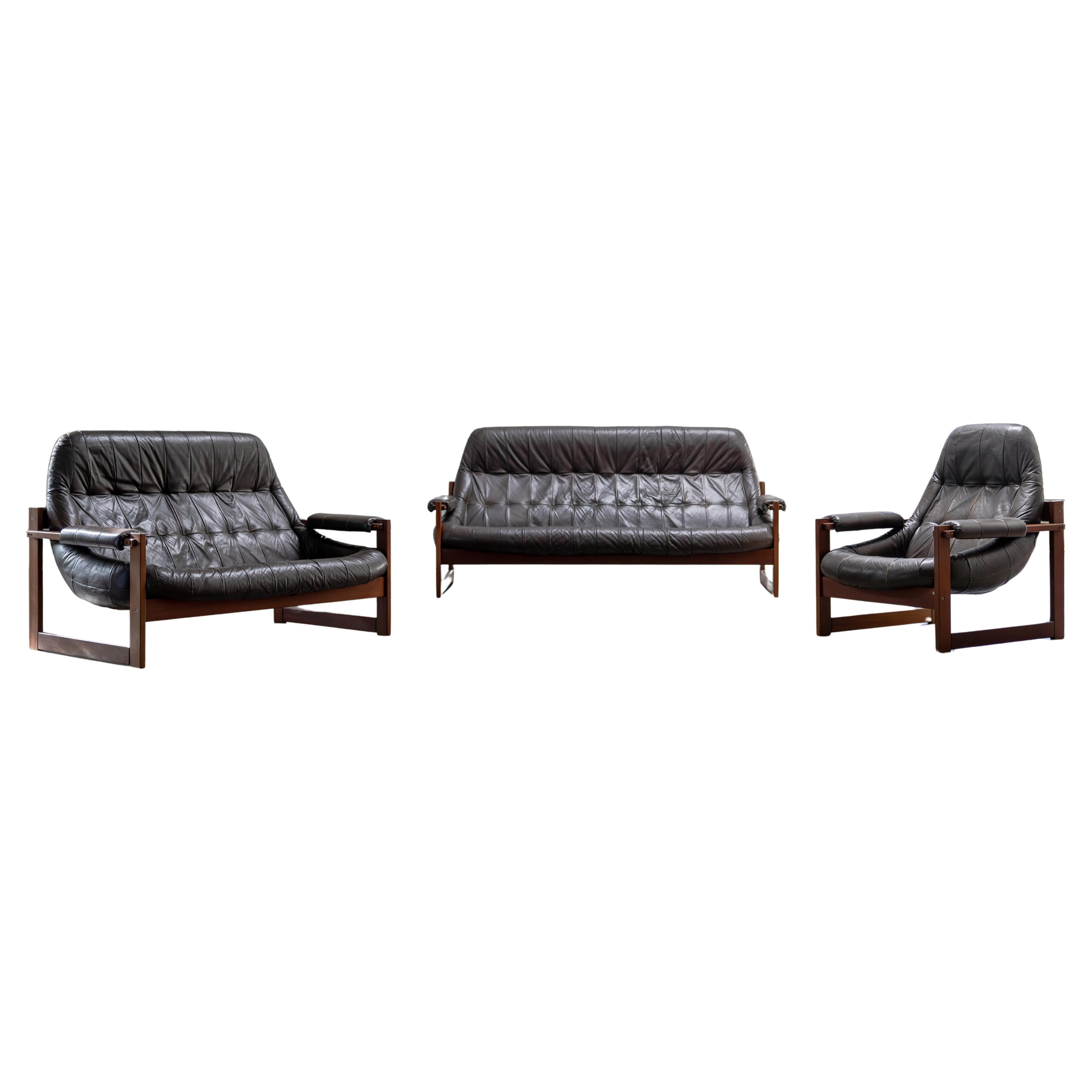 Brazilian Modern Leather Sofas and Lounge Chair by Percival Lafer Brazil, 1970s For Sale