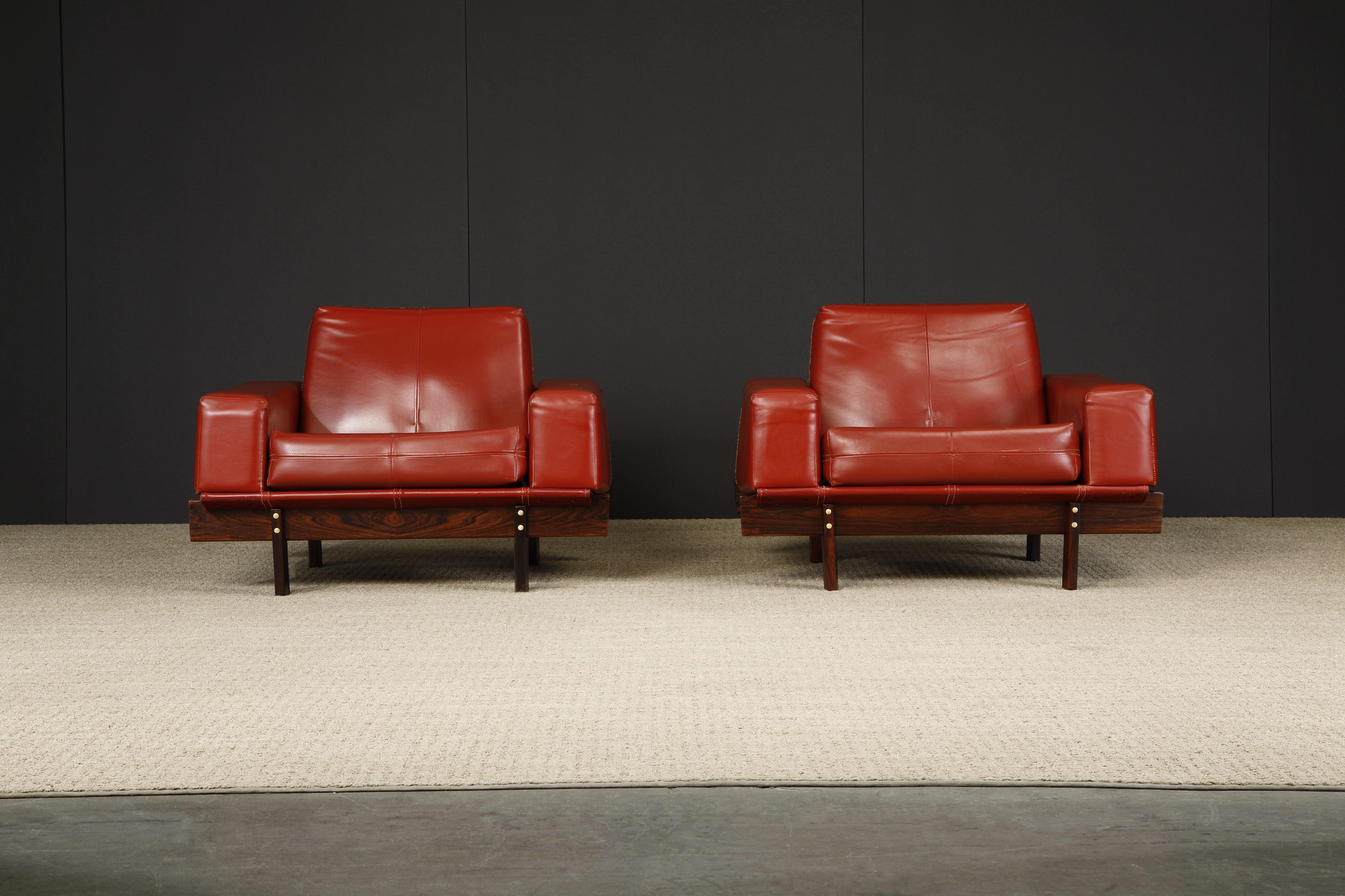 If you are looking for unique lounge chairs utilizing exotic materials that are also sought after by collectors and investors of art and design, this pair of Brazilian Modern lounge chairs by Móveis Cimo Brazil, circa 1960s, are the perfect choice