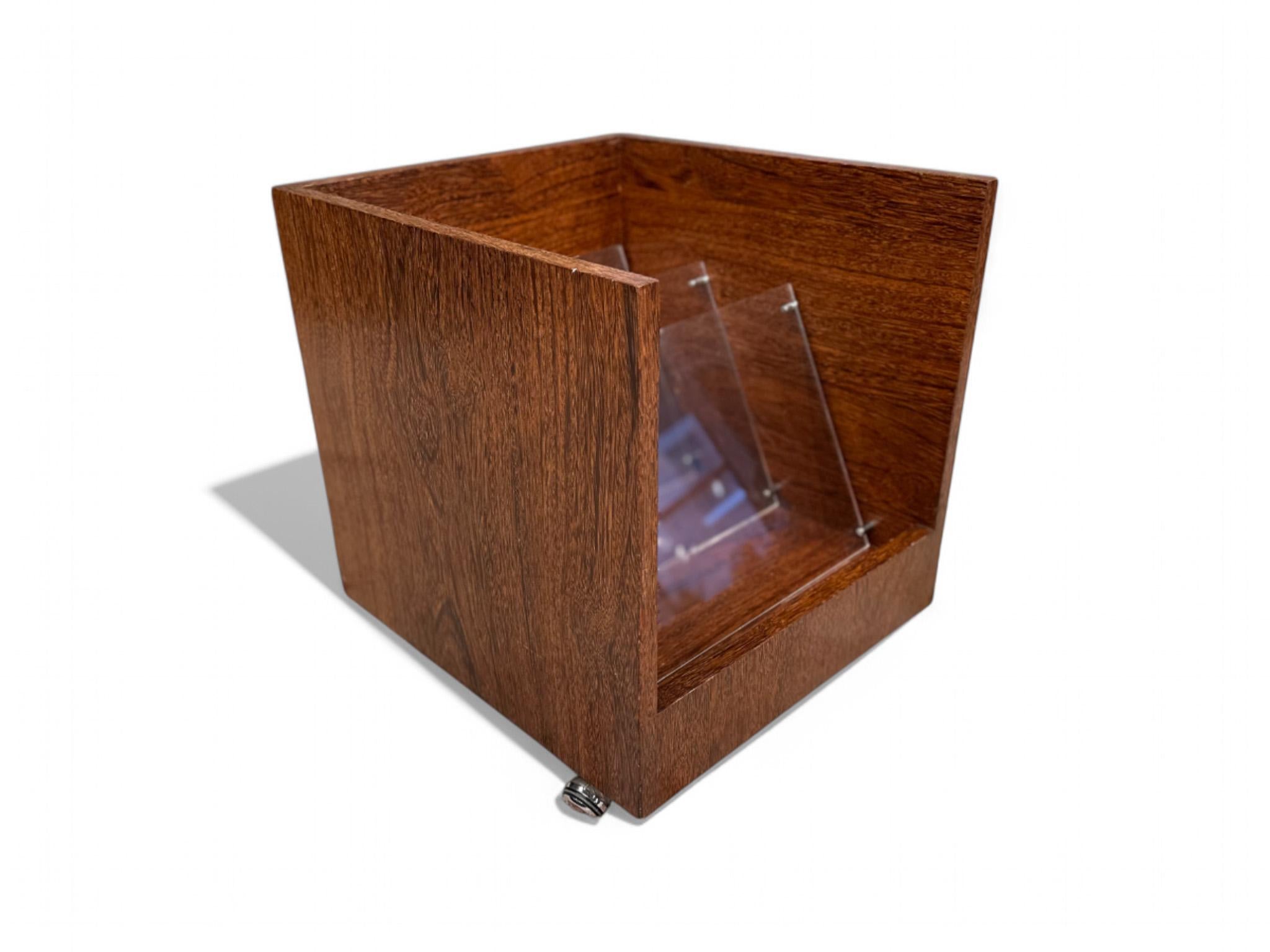 Woodwork Brazilian Modern Magazine & LP Rack with Wheels in Wood, Acrylic. Brazil, 1970's For Sale