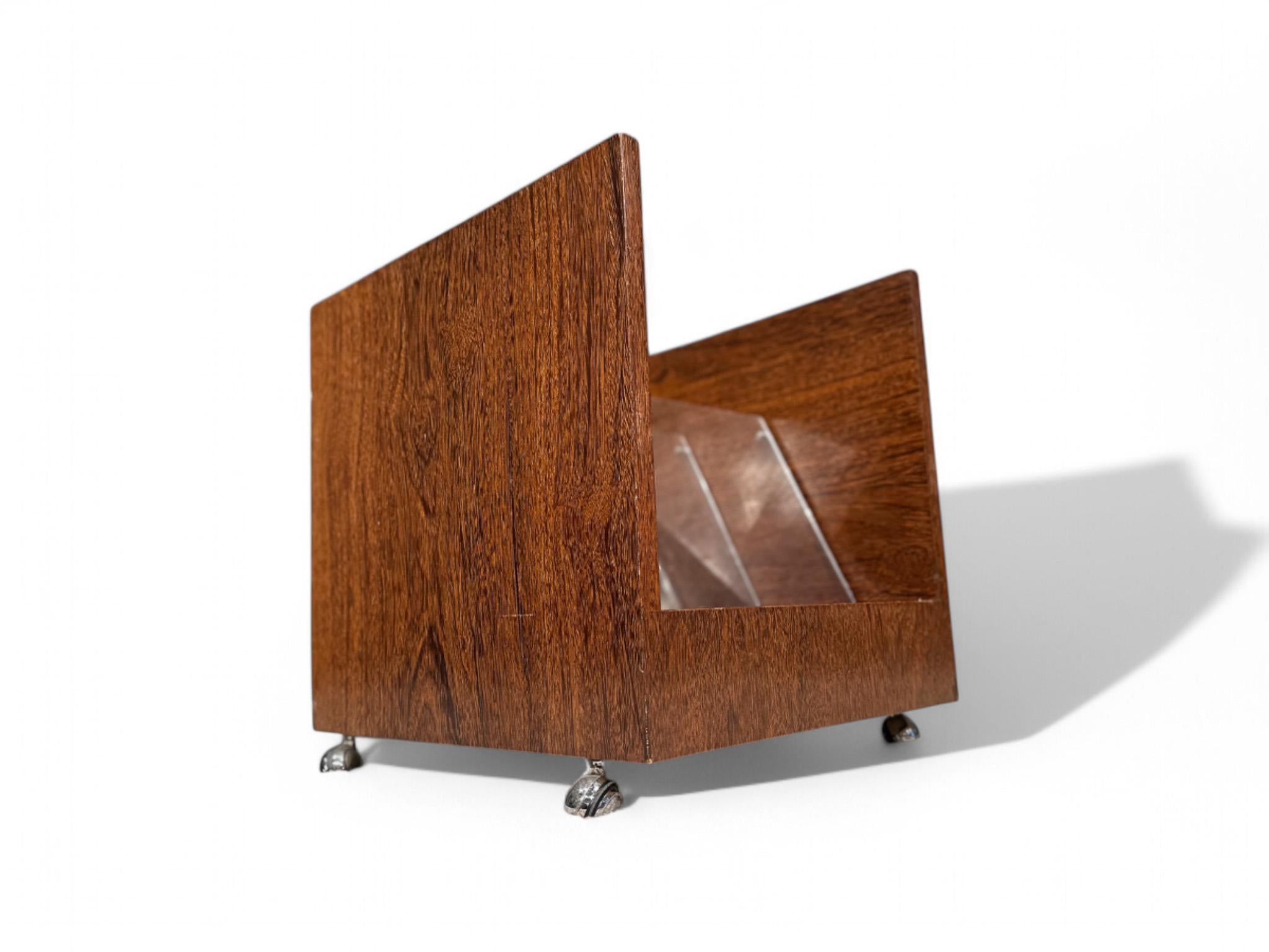 Brazilian Modern Magazine & LP Rack with Wheels in Wood, Acrylic. Brazil, 1970's In Good Condition For Sale In New York, NY