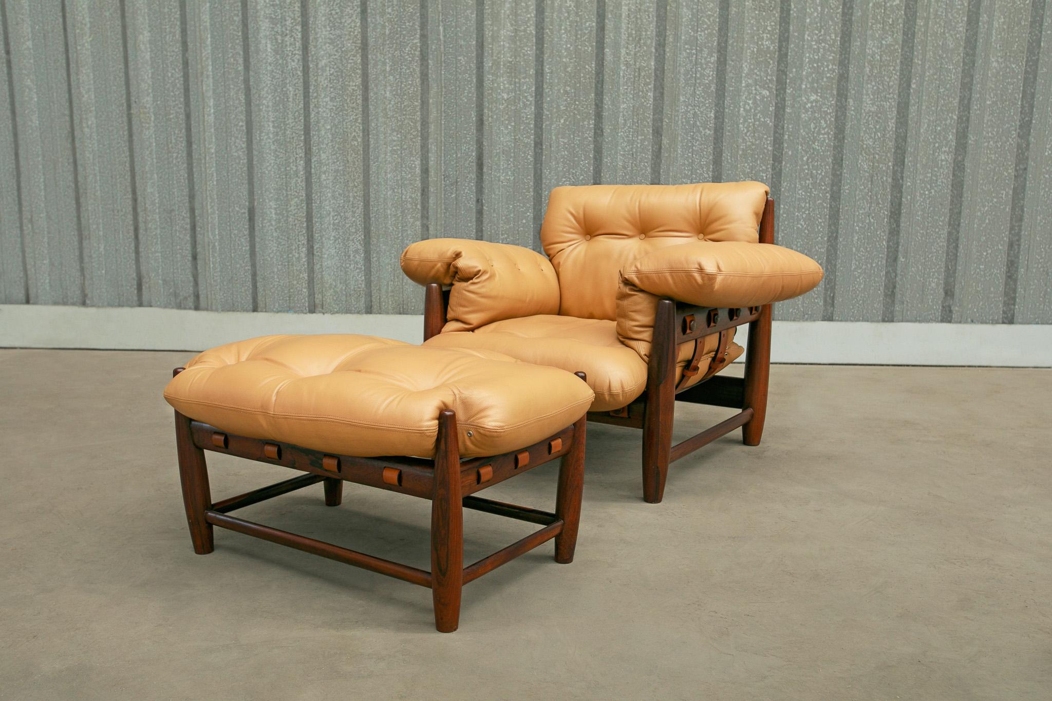 Brazilian Modern Mole Armchair & Stool Hardwood & Leather Sergio Rodrigues 1957 1