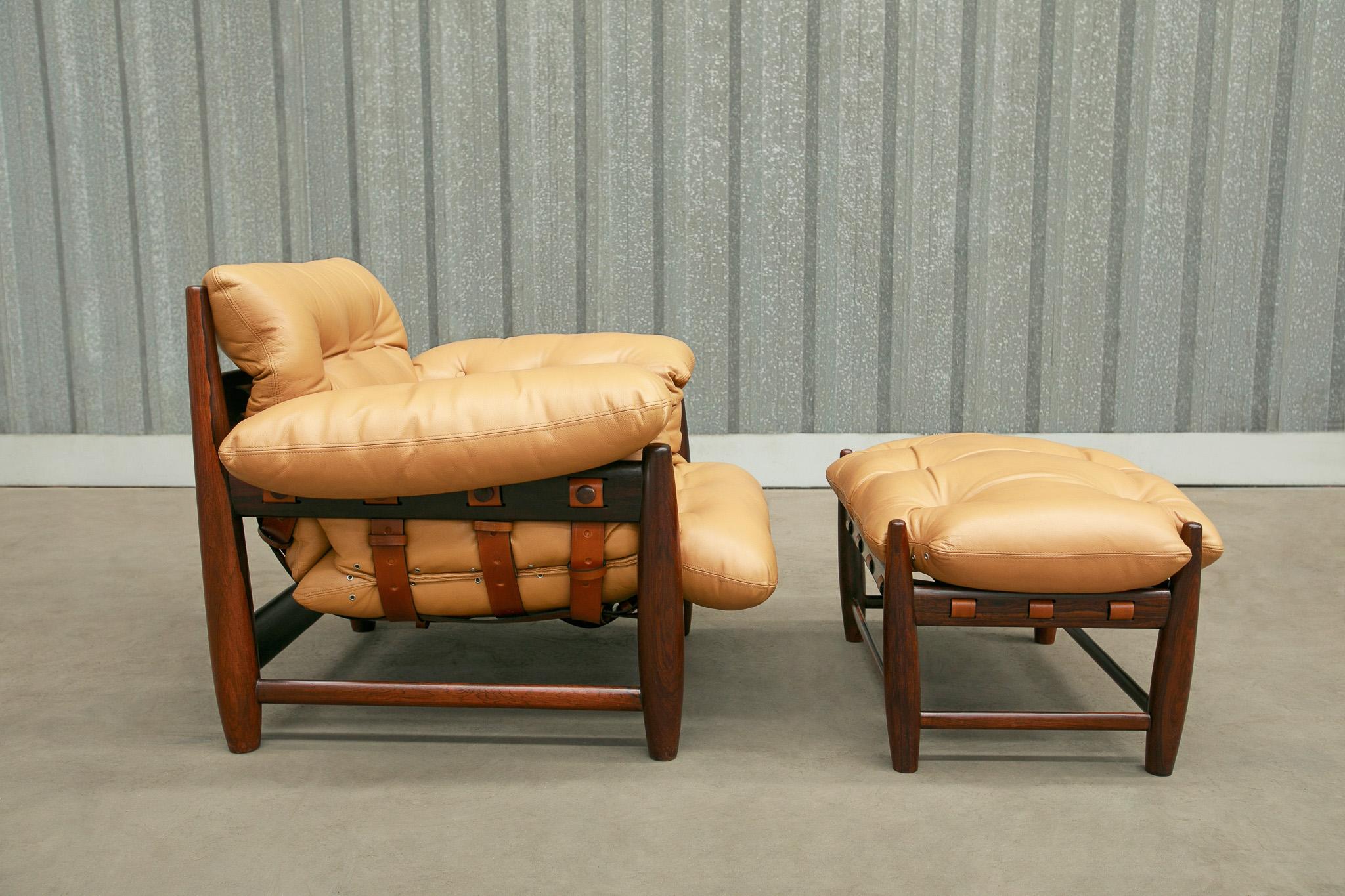 Hand-Carved Brazilian Modern Mole Armchair & Stool Hardwood & Leather Sergio Rodrigues 1957