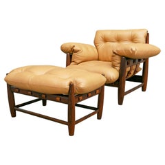 Brazilian Modern Mole Armchair & Stool Hardwood & Leather Sergio Rodrigues 1957