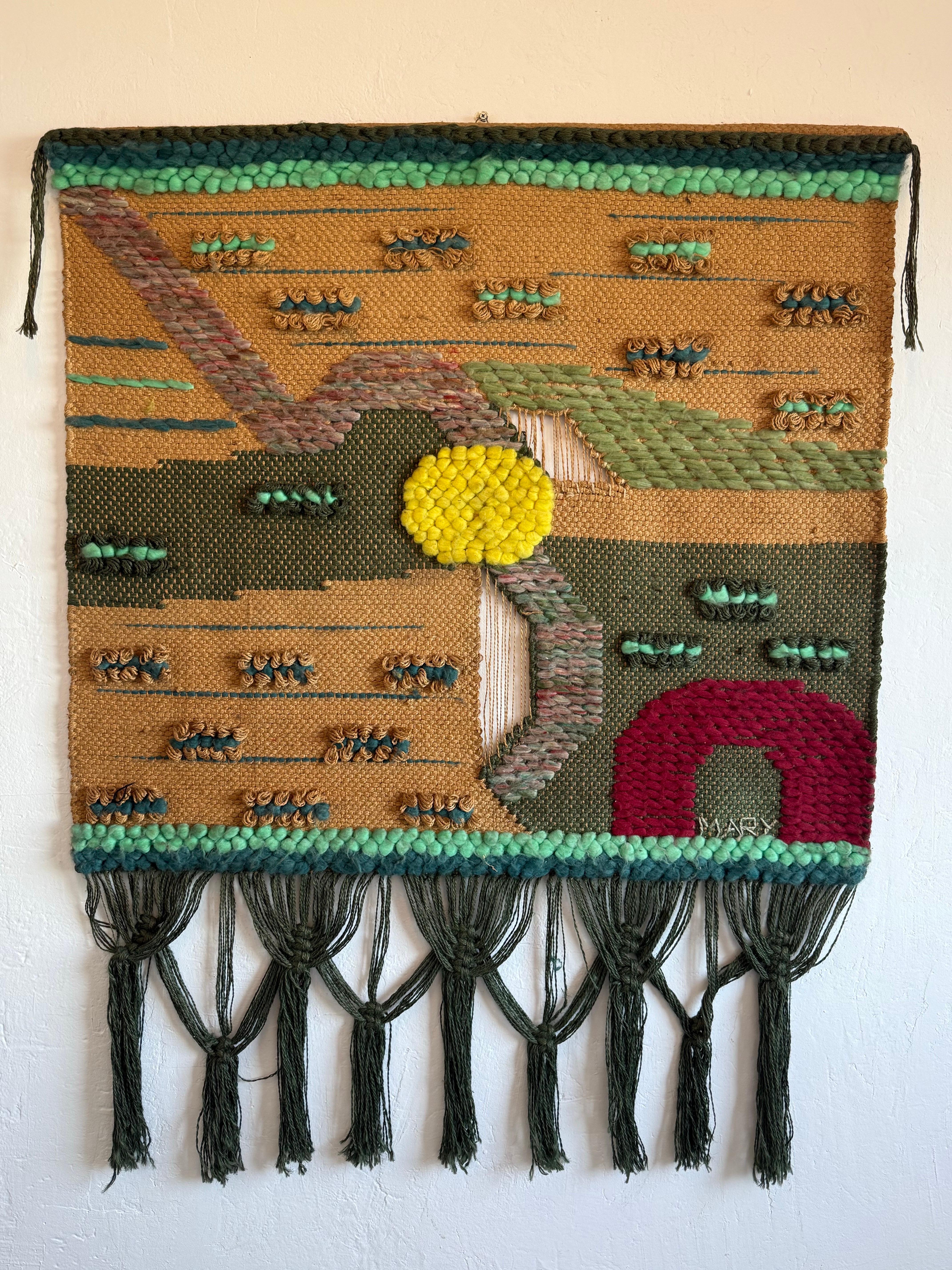 Brazilian modern woven wall tapestry using natural fibers from the 1980s.  Signed MARY.
