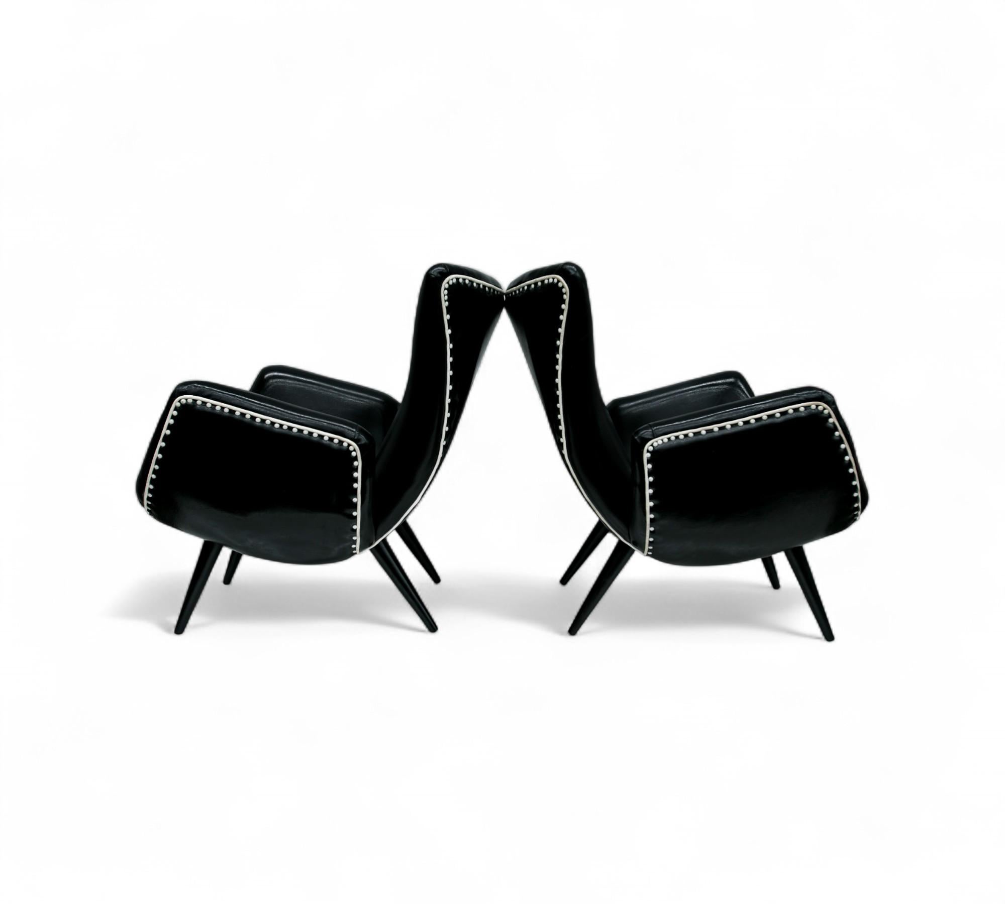 Mid-Century Modern Brazilian Modern Pair of Armchairs in & Faux Black Leather, Unknown, c. 1950’s For Sale