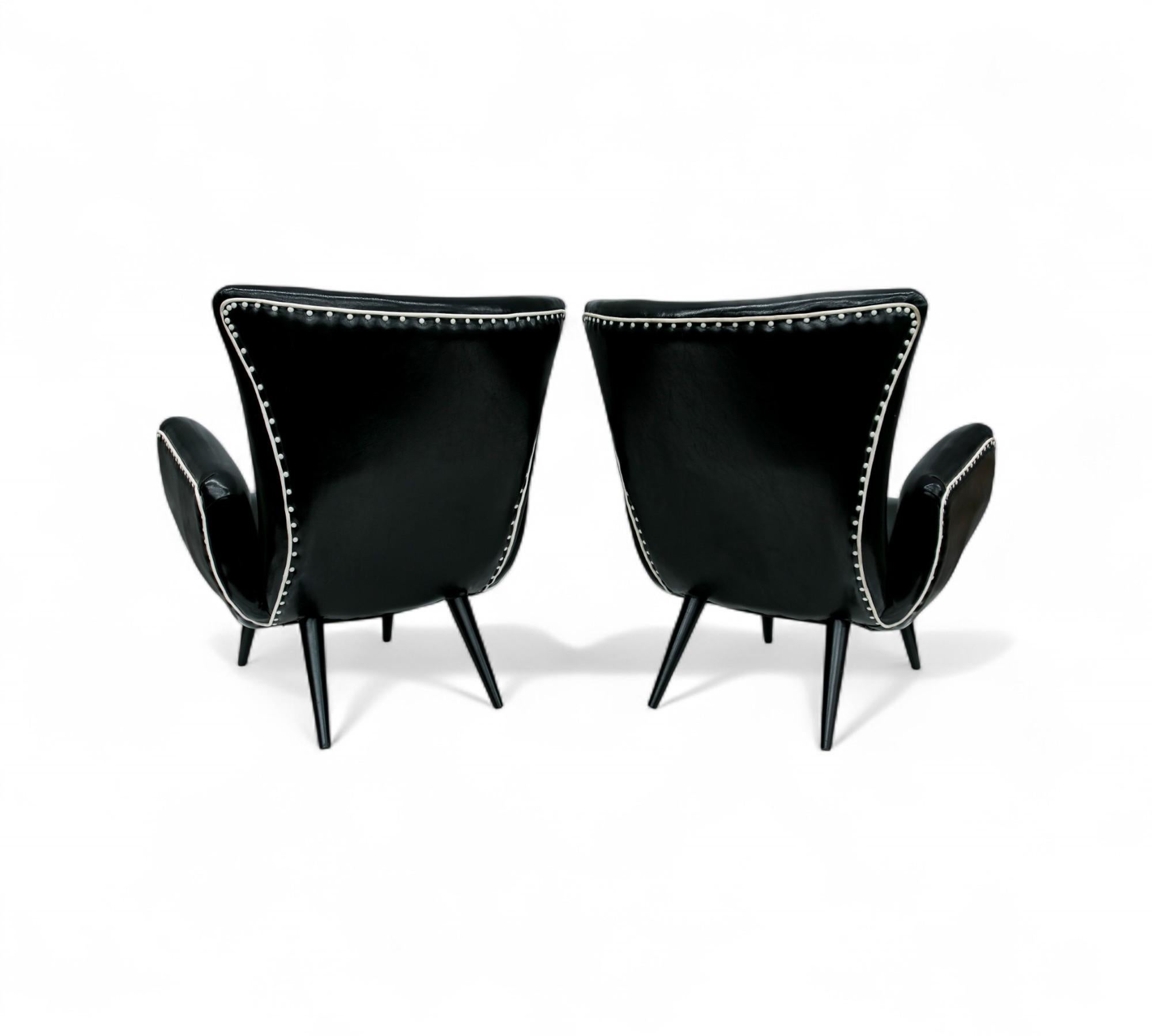 Woodwork Brazilian Modern Pair of Armchairs in & Faux Black Leather, Unknown, c. 1950’s For Sale