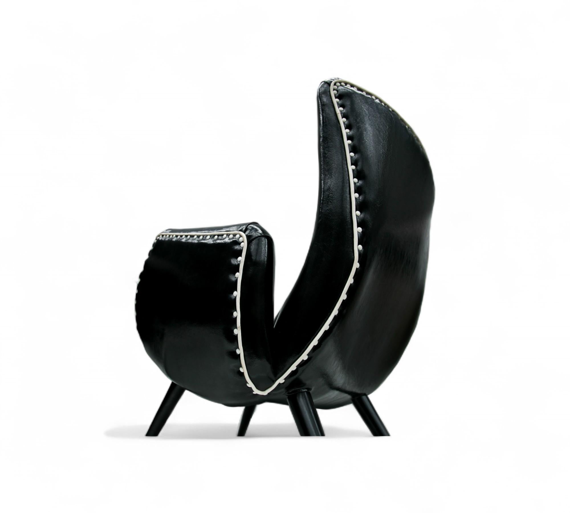 Brazilian Modern Pair of Armchairs in & Faux Black Leather, Unknown, c. 1950’s In Fair Condition For Sale In New York, NY