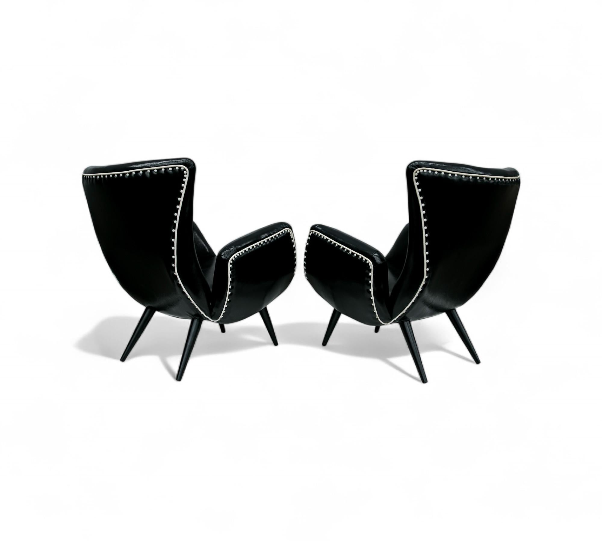 20th Century Brazilian Modern Pair of Armchairs in & Faux Black Leather, Unknown, c. 1950’s For Sale
