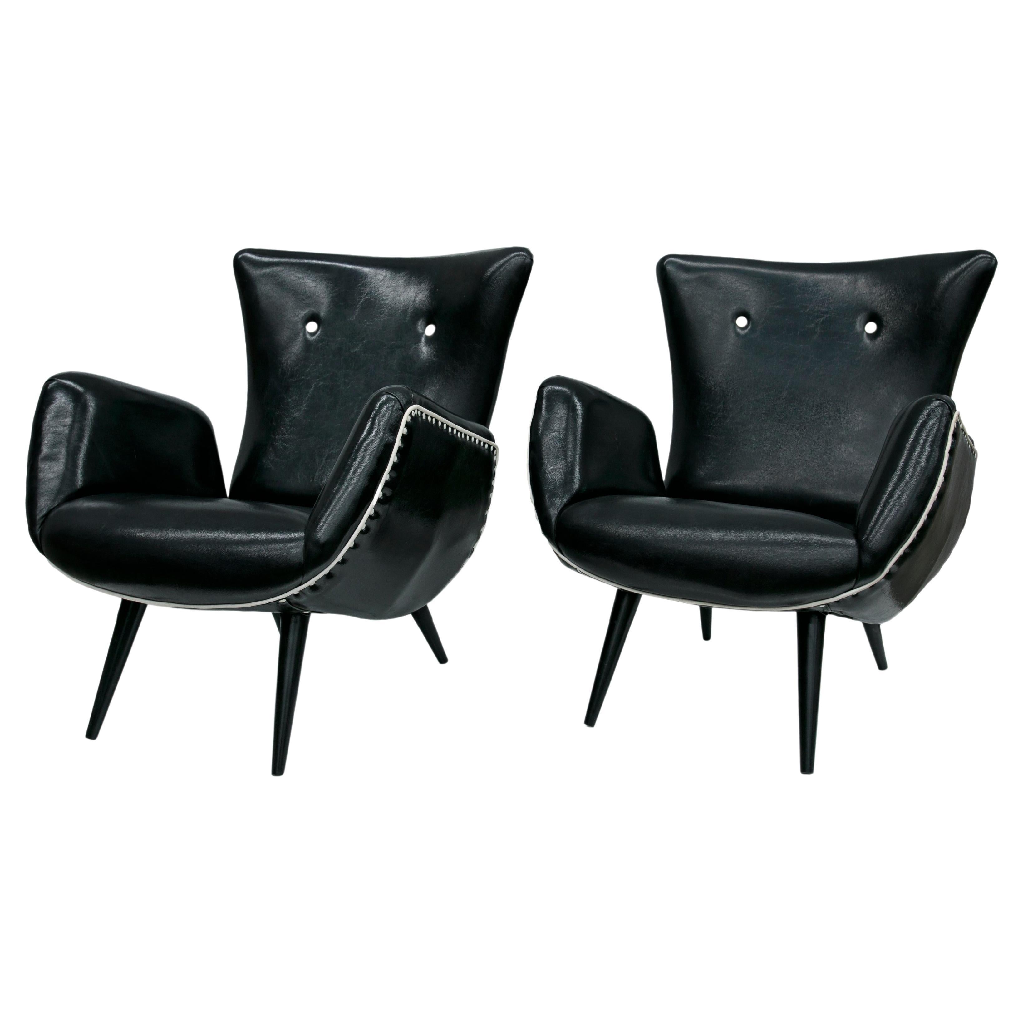 Brazilian Modern Pair of Armchairs in & Faux Black Leather, Unknown, c. 1950’s