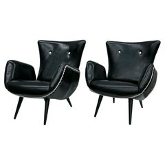 Pareja de Sillones Modernos Brasileños en & cuero negro sintético, Desconocido, c. 1950's
