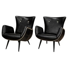 Brazilian Modern Pair of Armchairs in & Faux Black Leather, Unknown, c. 1950’s