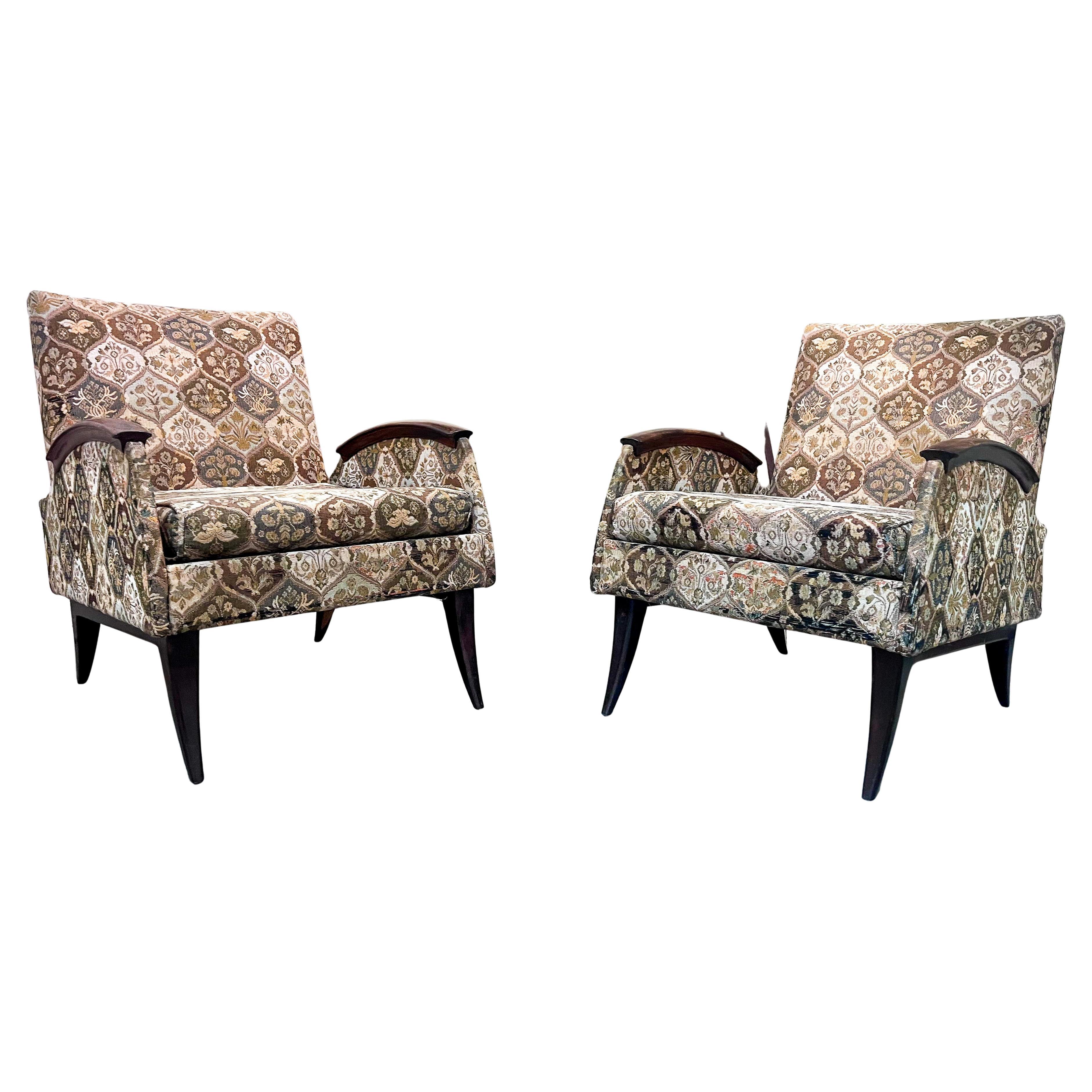 Paire de fauteuils modernes brésiliens en bois dur et tissu, Liceu De Artes, années 1960