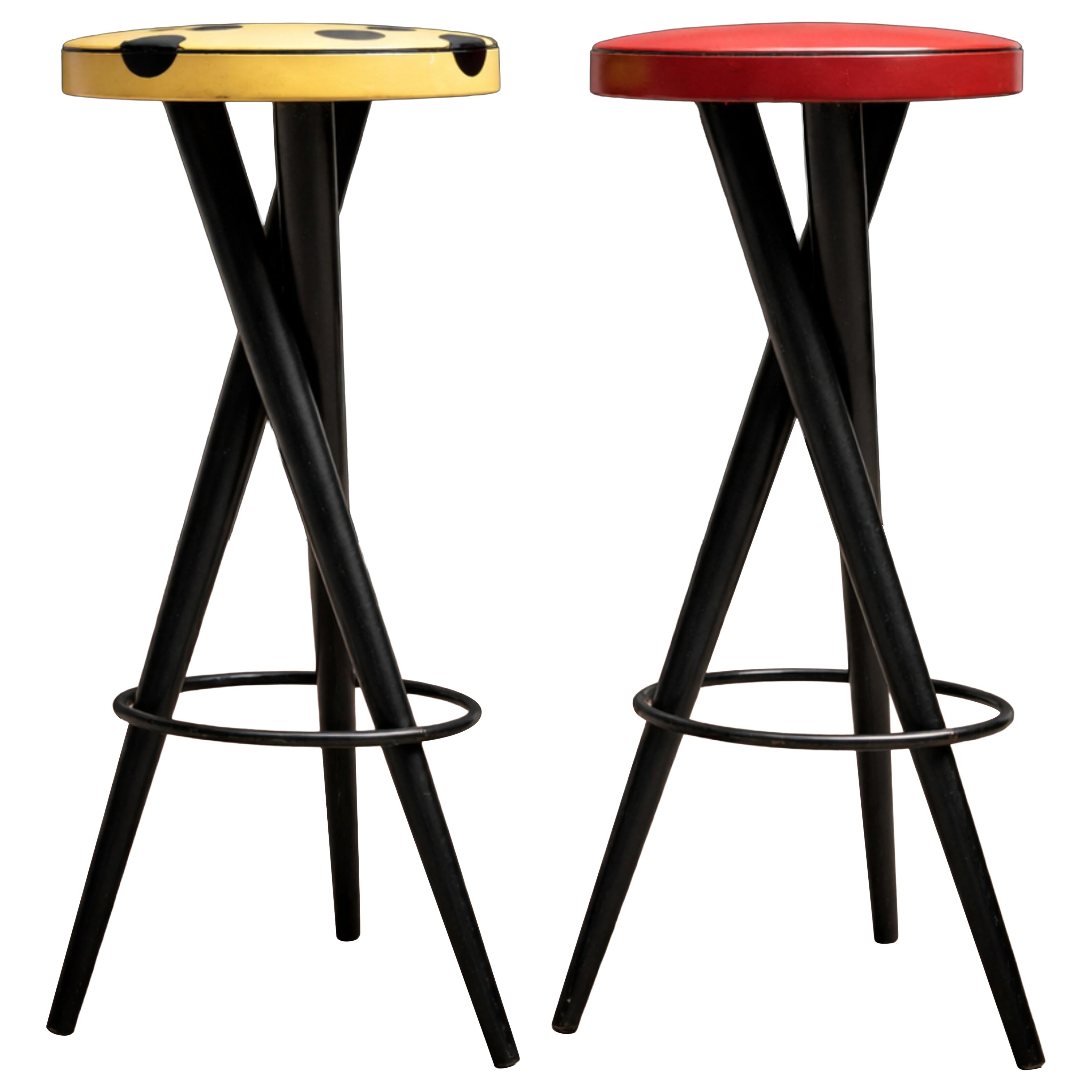 Brazilian Modern Pair of Bar Stools in Hardwood & Faux Leather, Unknown, 1950s