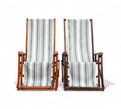 Brazilian Modern Pair of Chaise Lounges in Hardwood & Fabric by Lucio Costa 1950