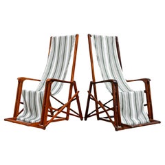 Brazilian Modern Pair of Chaise Lounges in Hardwood & Fabric by Lucio Costa 1950