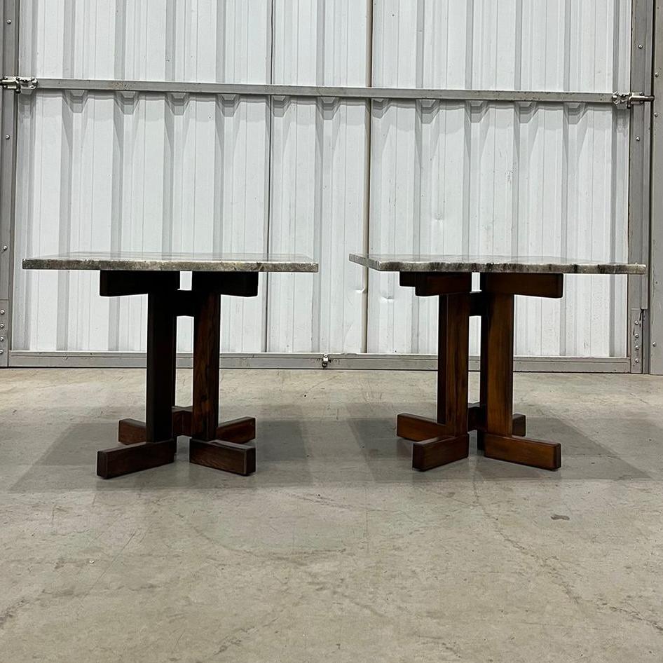 Hand-Carved Brazilian Modern Pair of Side Tables in Rosewood and Granite by Celina, c. 1960 For Sale