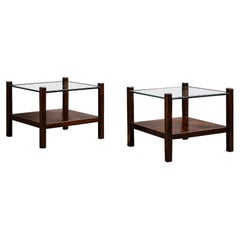 Brazilian Modern Pair of Square Side Tables in Rosewood and Glass, Brazil, 1960s