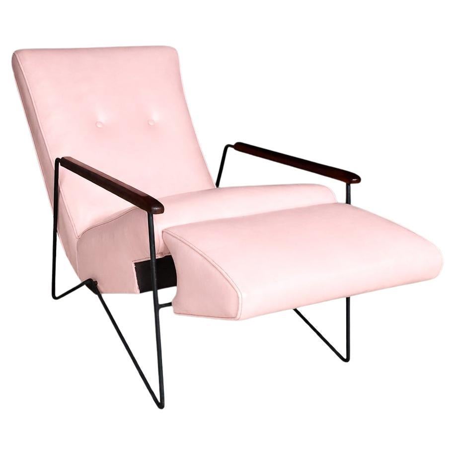 Brazilian Modern Reclining Chair in Metal, Hardwood & Leather, Ernesto Hauner