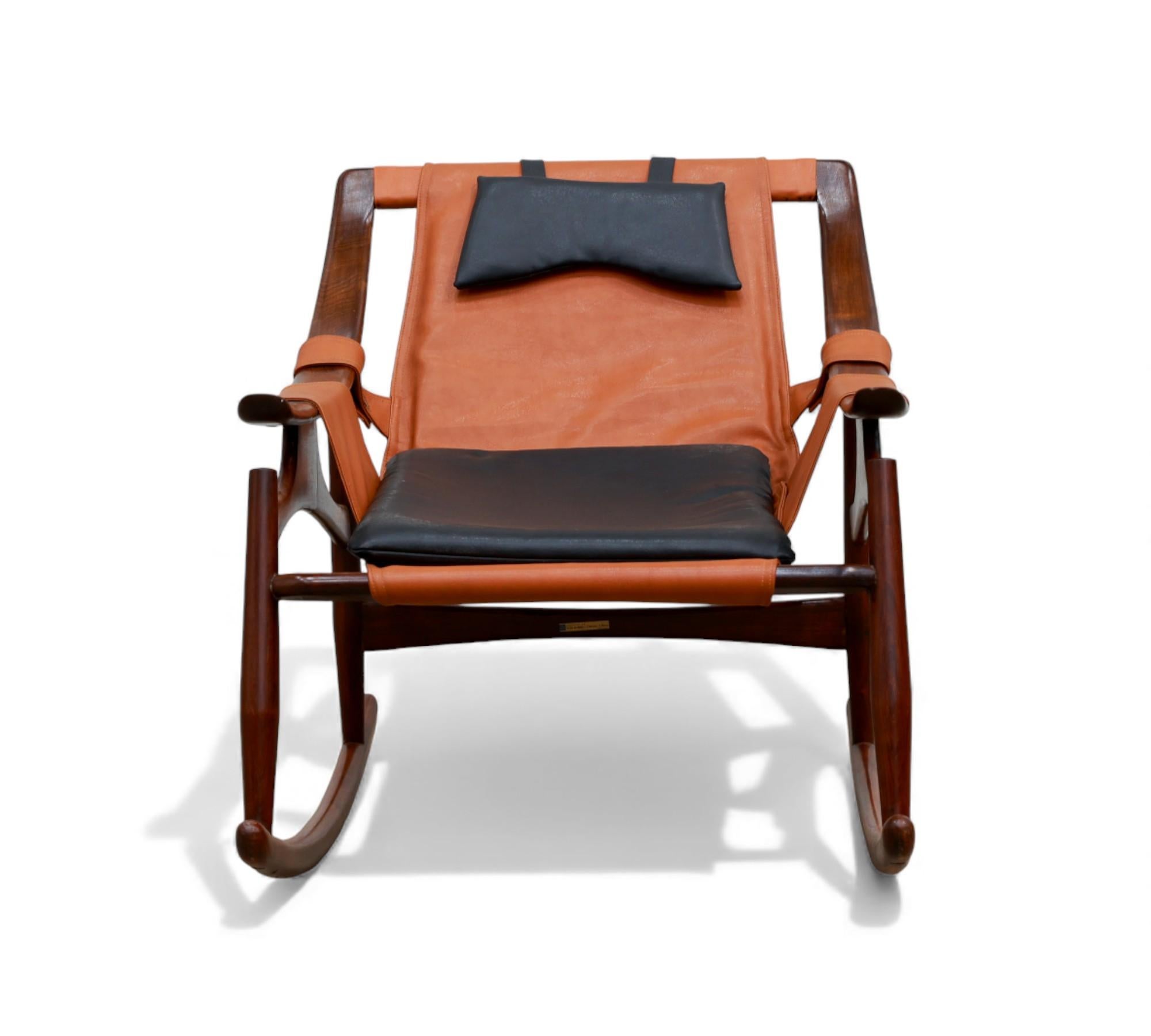 Mid-Century Modern Brazilian Modern Rocking Chair in Hardwood & Leather, Liceu de Artes, 1960s For Sale