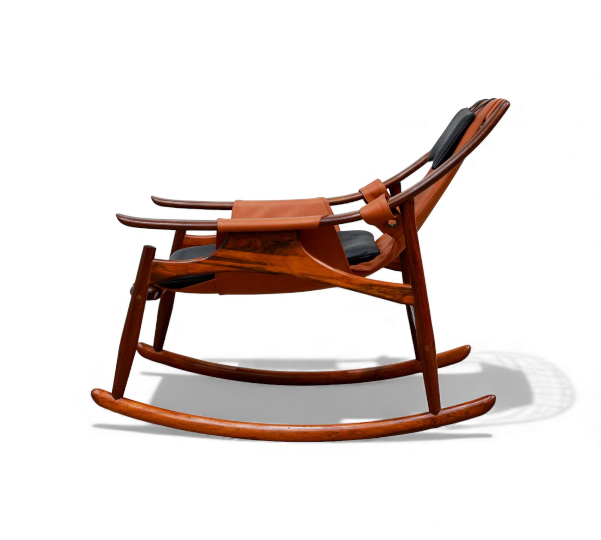 Metalwork Brazilian Modern Rocking Chair in Hardwood & Leather, Liceu de Artes, 1960s For Sale