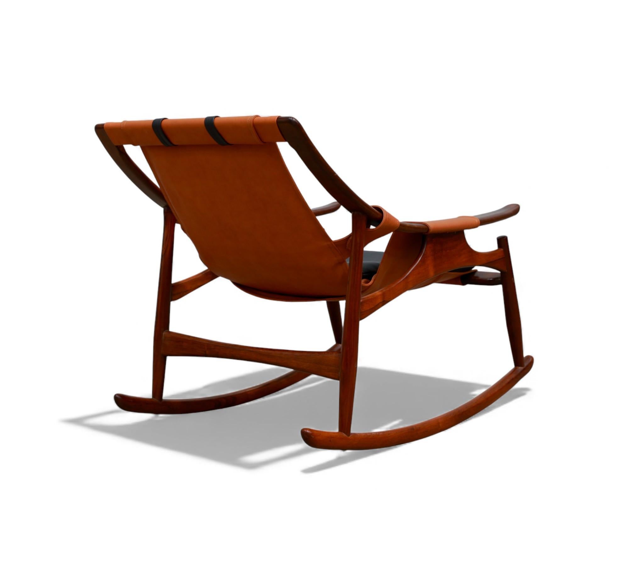 Metal Brazilian Modern Rocking Chair in Hardwood & Leather, Liceu de Artes, 1960s For Sale