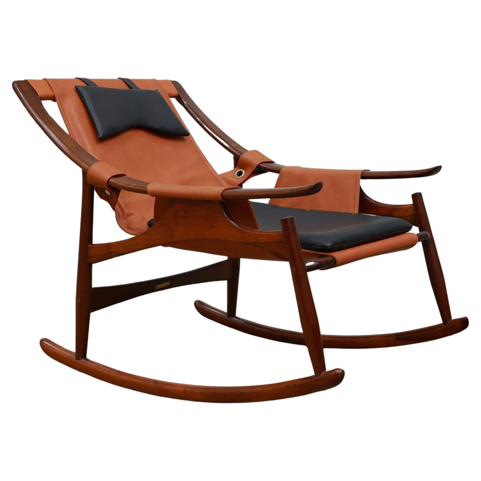 Brazilian Modern Rocking Chair in Hardwood
Leather, Liceu de Artes, 1960s