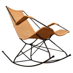 Brazilian Modern Rocking Chair in Metal & Wicker by Carlo Hauner, c. 1950s