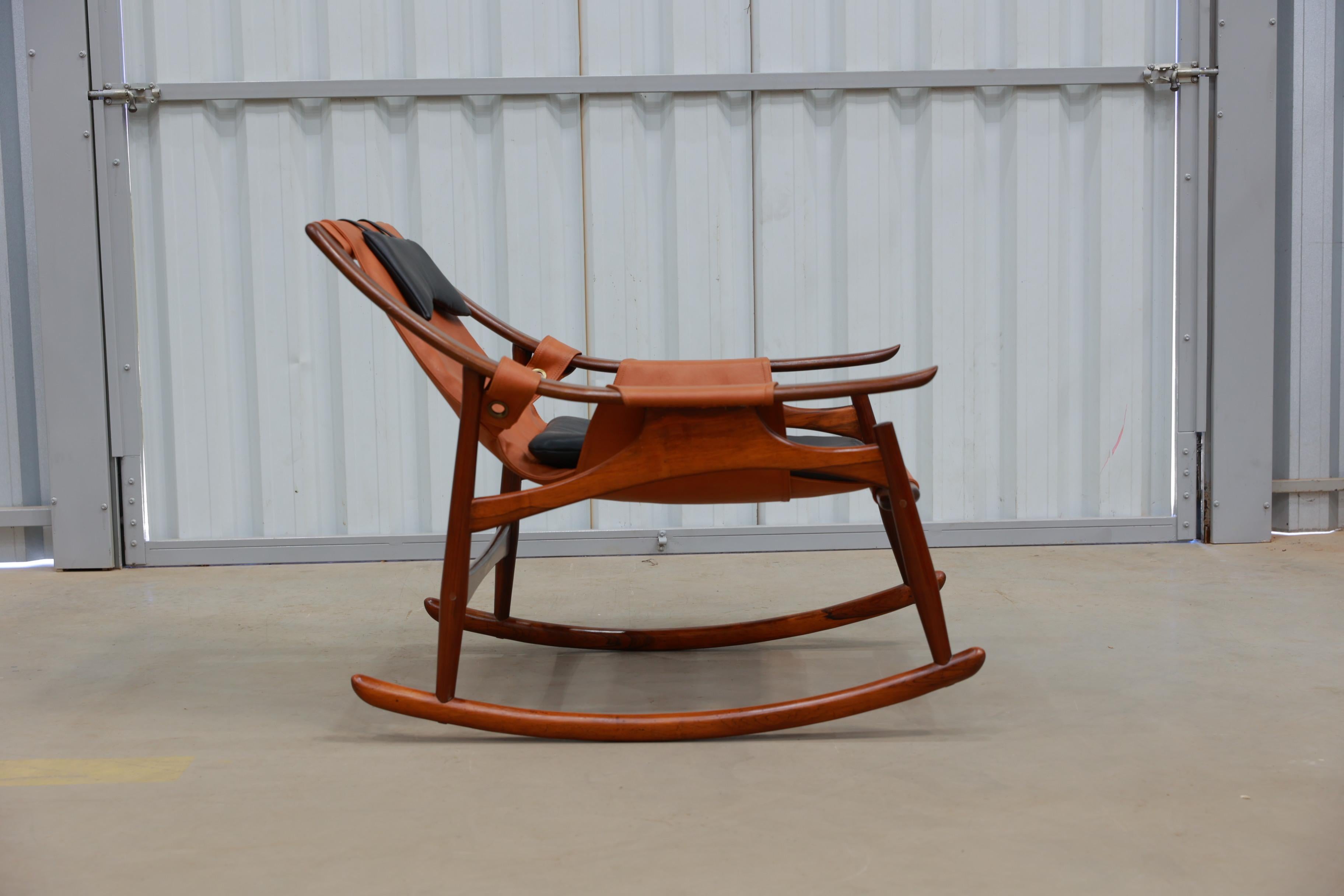 Hand-Carved Brazilian Modern Rocking Chair & Ottoman in Hardwood & Leather, Liceu de Artes For Sale