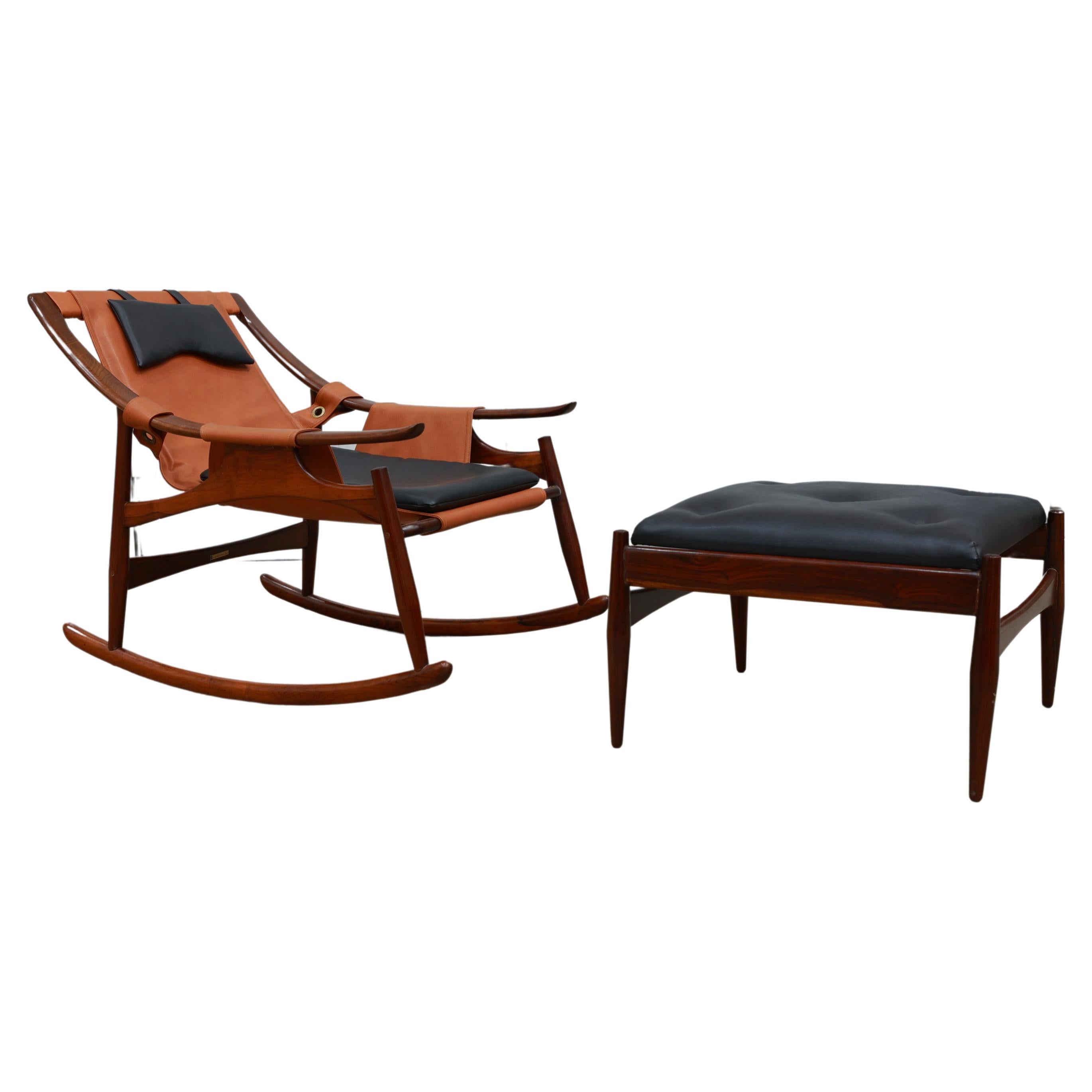 Brazilian Modern Rocking Chair & Ottoman in Hardwood & Leather, Liceu de Artes For Sale