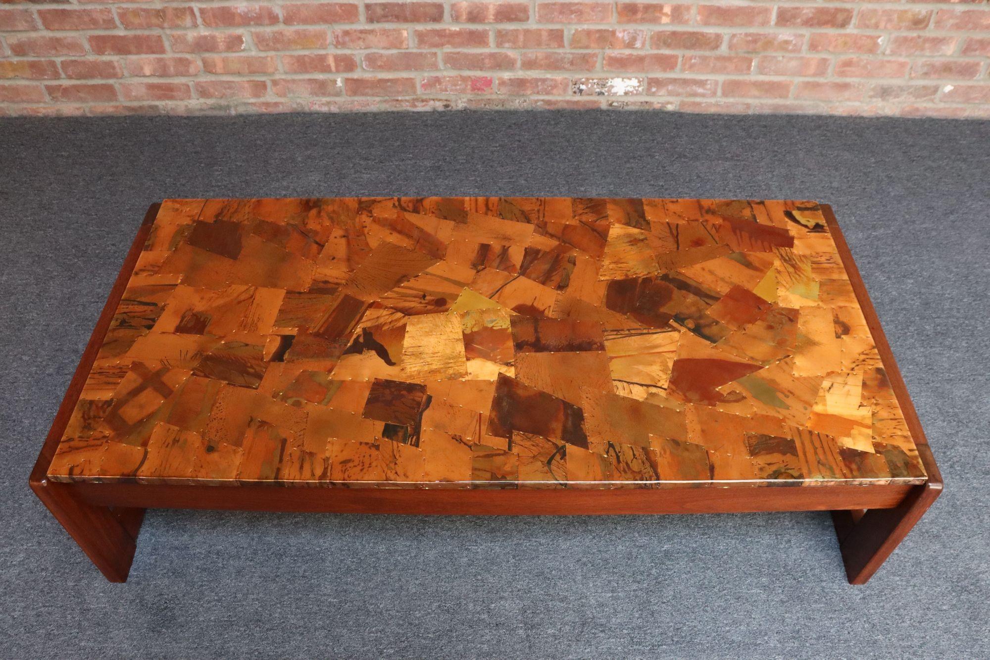 Metal Brazilian Modern Rosewood and Copper Mosaic Coffee Table by Percival Lafer For Sale
