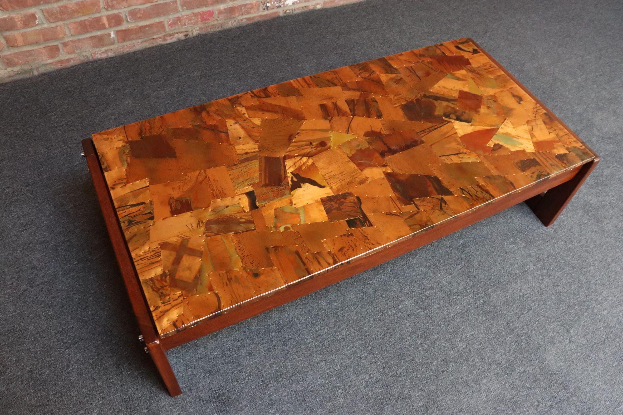 Brazilian Modern Rosewood and Copper Mosaic Coffee Table by Percival Lafer For Sale 2