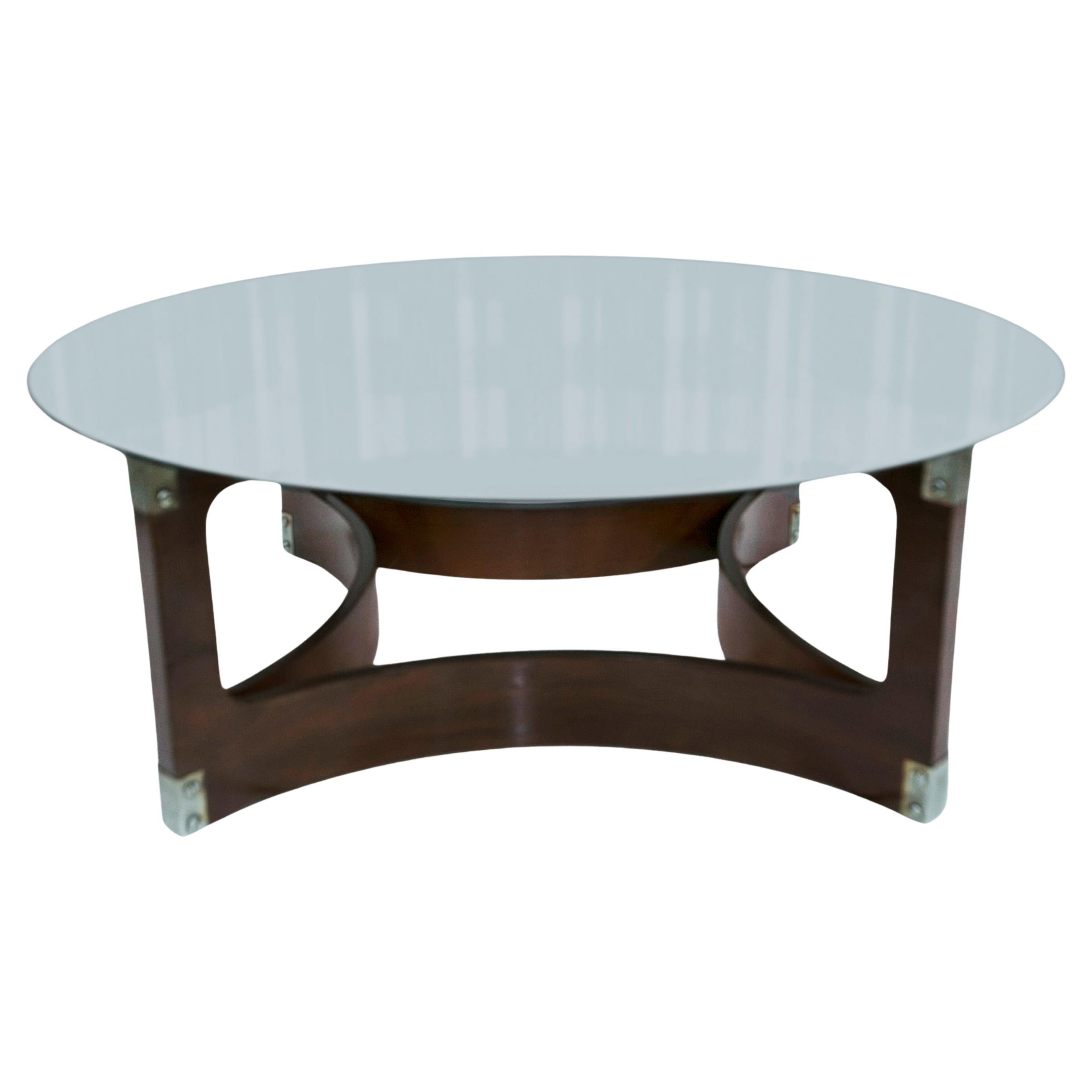 Table basse ronde moderne brésilienne en palissandre courbé et verre, Novo Rumo, années 1960