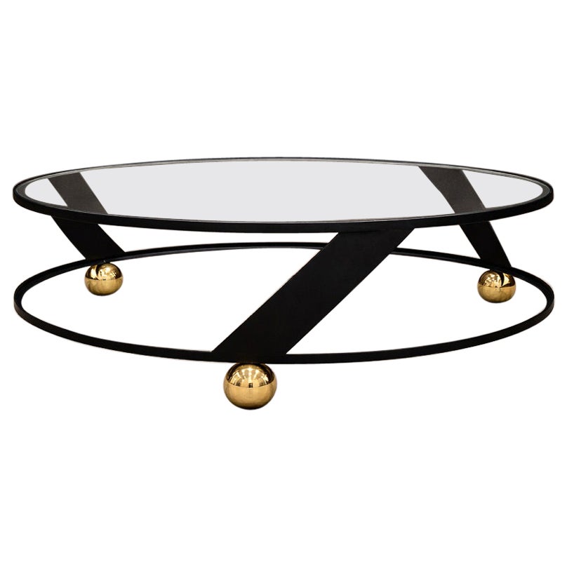 Brazilian Modern Round Coffee Table in Plated & Painted Metal & Glass Top, 1960s