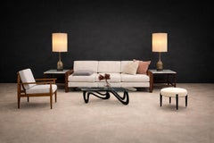 Brazilian Modern Round Stool in Ebonized Wood & Boucle, Cimo, Brazil, 1950s