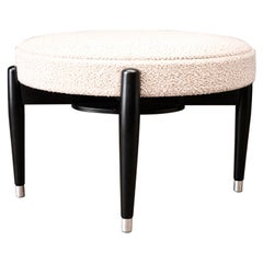 Brazilian Modern Round Stool in Ebonized Wood & Boucle, Cimo, Brazil, 1950s
