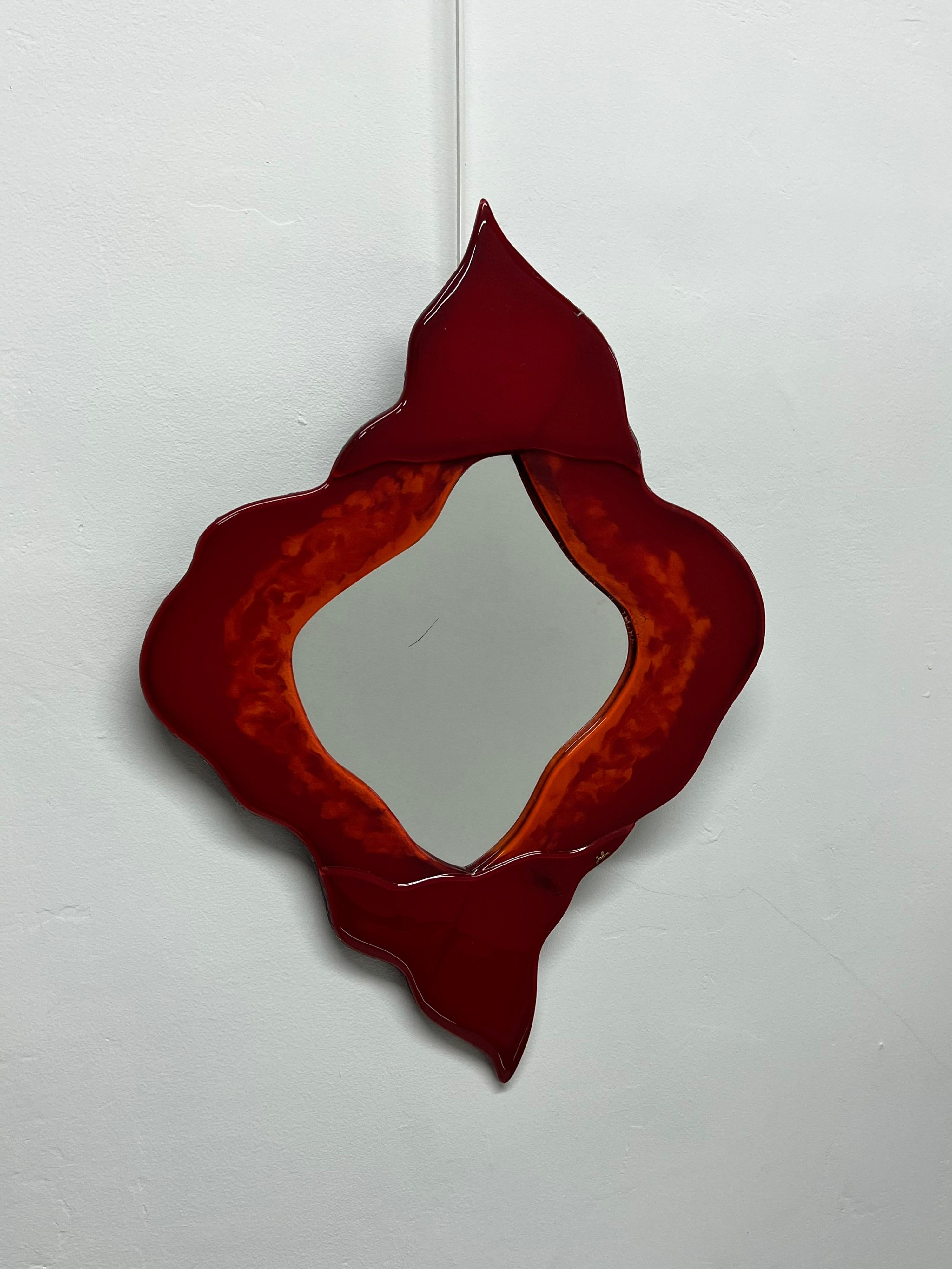 Brazilian Modern Sculptural Resin Art Wall Mirror, Signed In Good Condition In Miami, FL