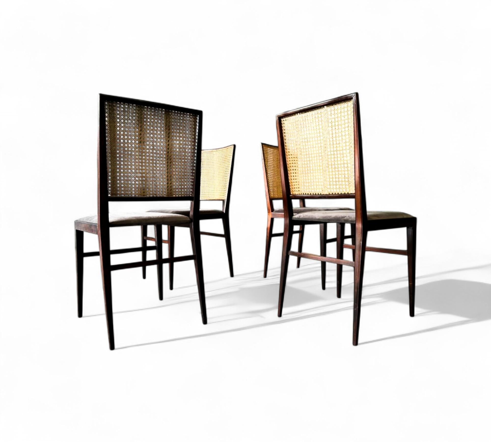 Brazilian Modern Set of 4 Chairs in Hardwood, Caning & Suede, Celina, 1960s im Angebot 2