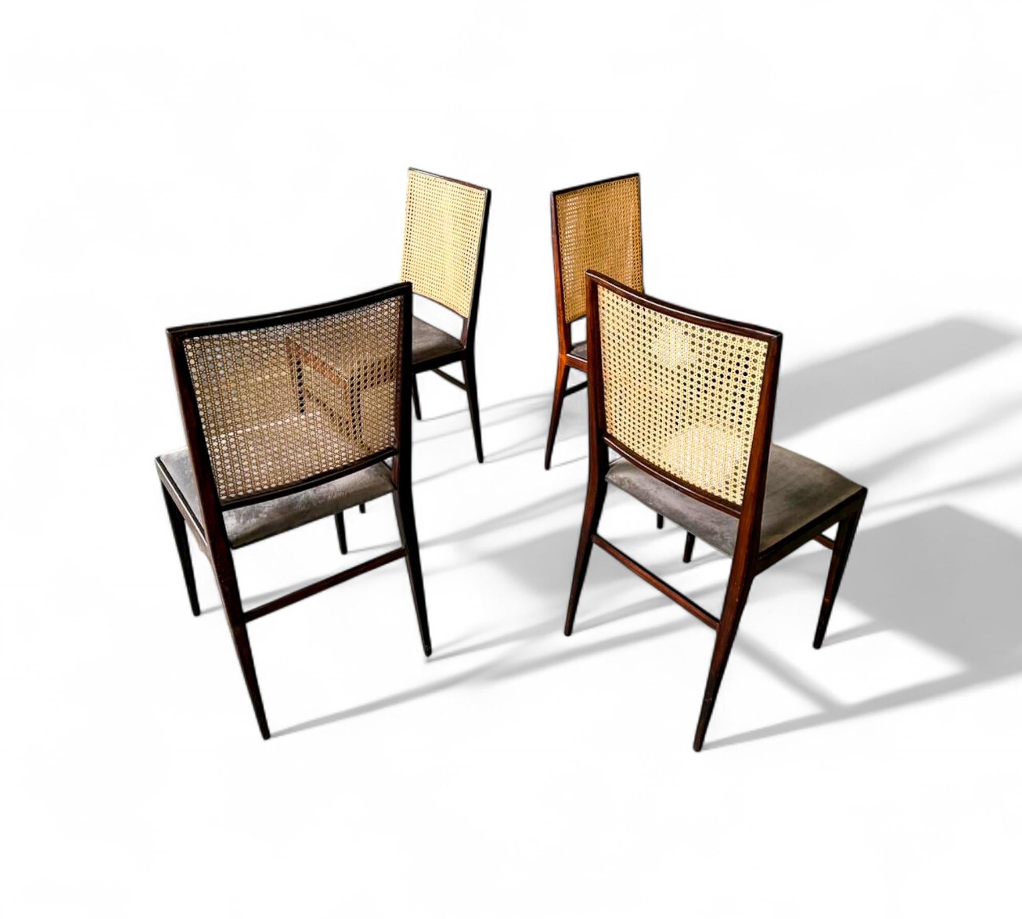 Brazilian Modern Set of 4 Chairs in Hardwood, Caning & Suede, Celina, 1960s im Angebot 3