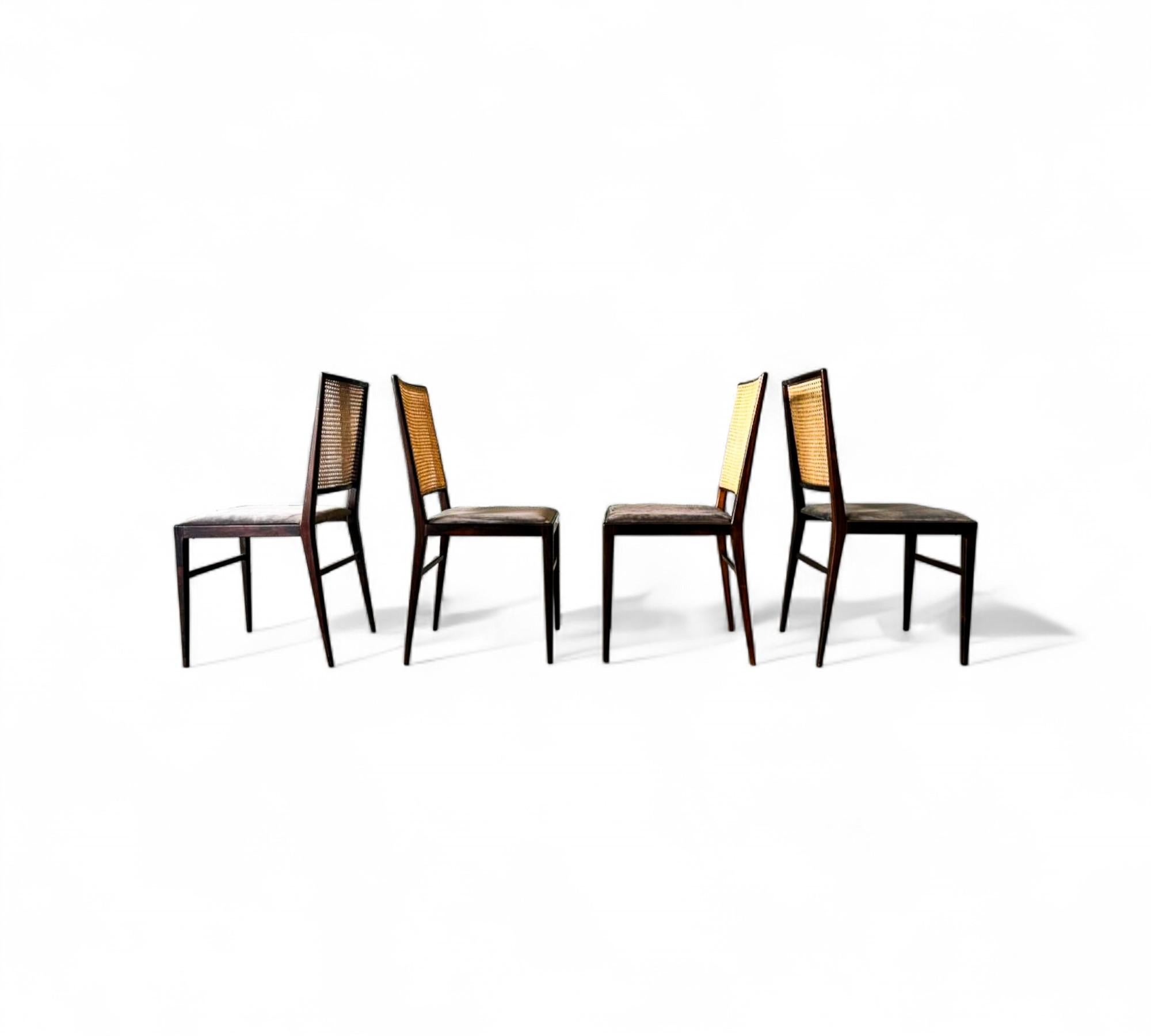 Brazilian Modern Set of 4 Chairs in Hardwood, Caning & Suede, Celina, 1960s im Angebot 4