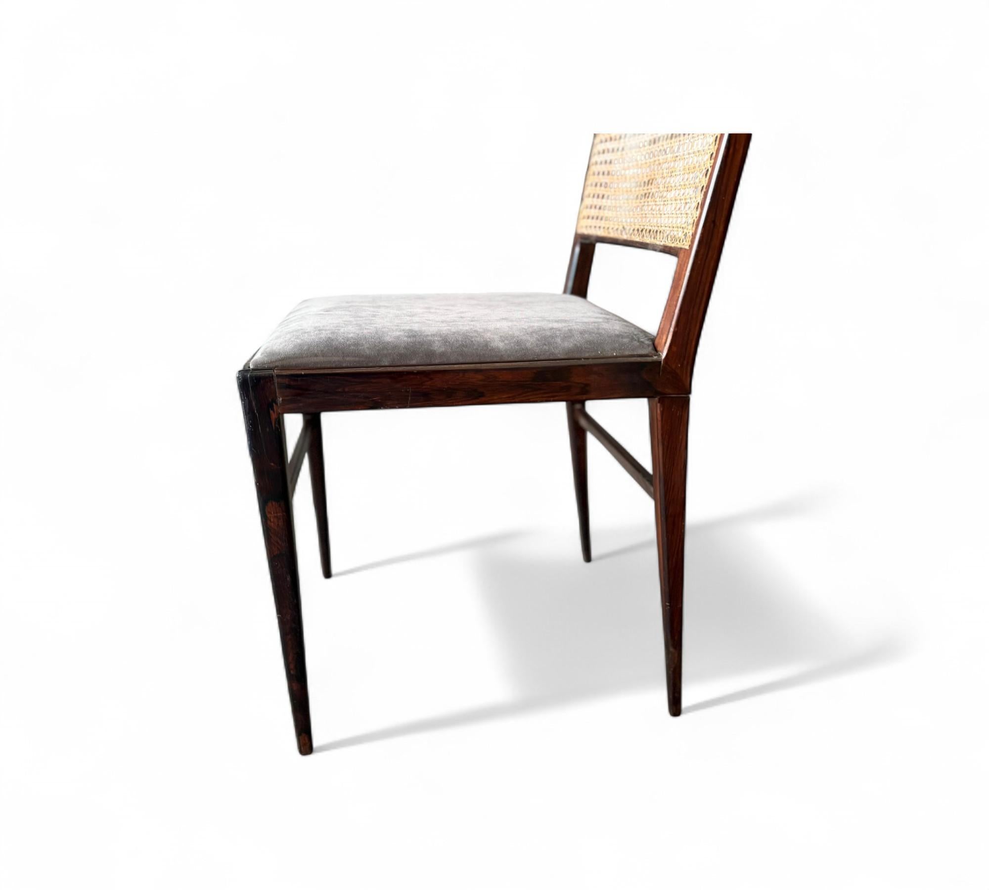 Brazilian Modern Set of 4 Chairs in Hardwood, Caning & Suede, Celina, 1960s im Angebot 8