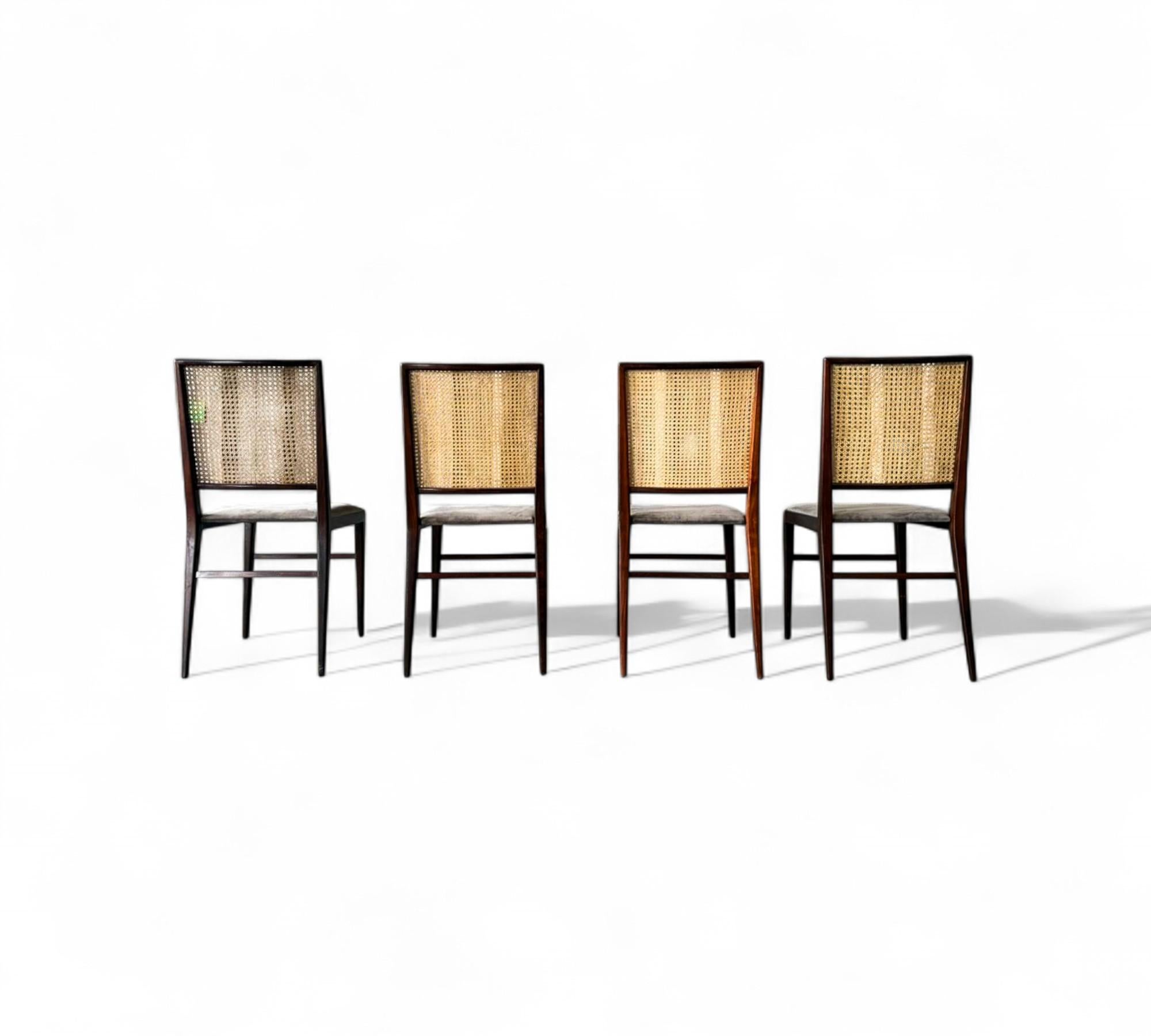 Brazilian Modern Set of 4 Chairs in Hardwood, Caning & Suede, Celina, 1960s (Moderne der Mitte des Jahrhunderts) im Angebot