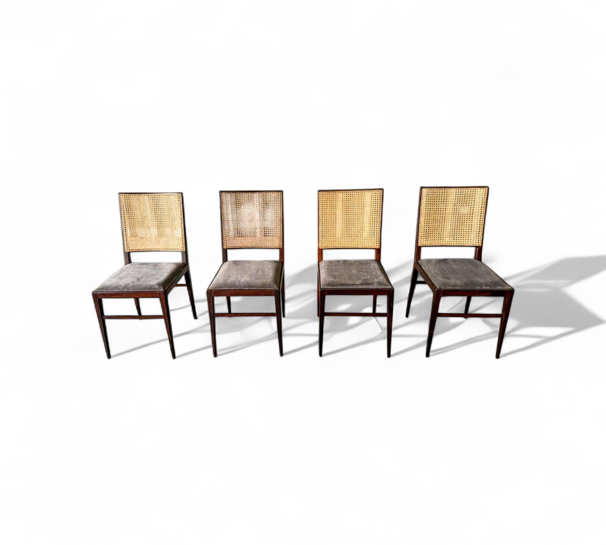 Brazilian Modern Set of 4 Chairs in Hardwood, Caning & Suede, Celina, 1960s (Brasilianisch) im Angebot