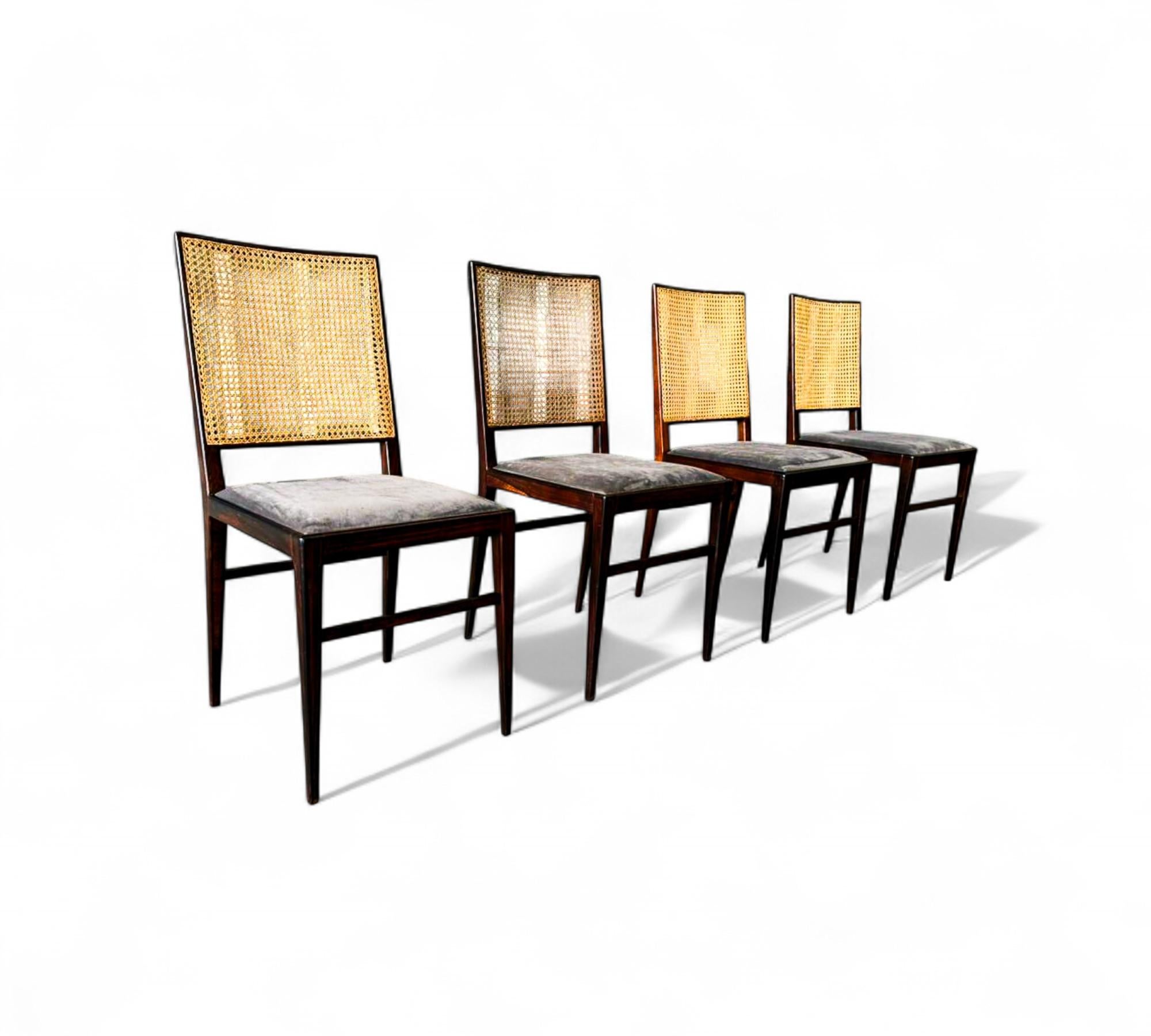 Brazilian Modern Set of 4 Chairs in Hardwood, Caning & Suede, Celina, 1960s (Holzarbeit) im Angebot