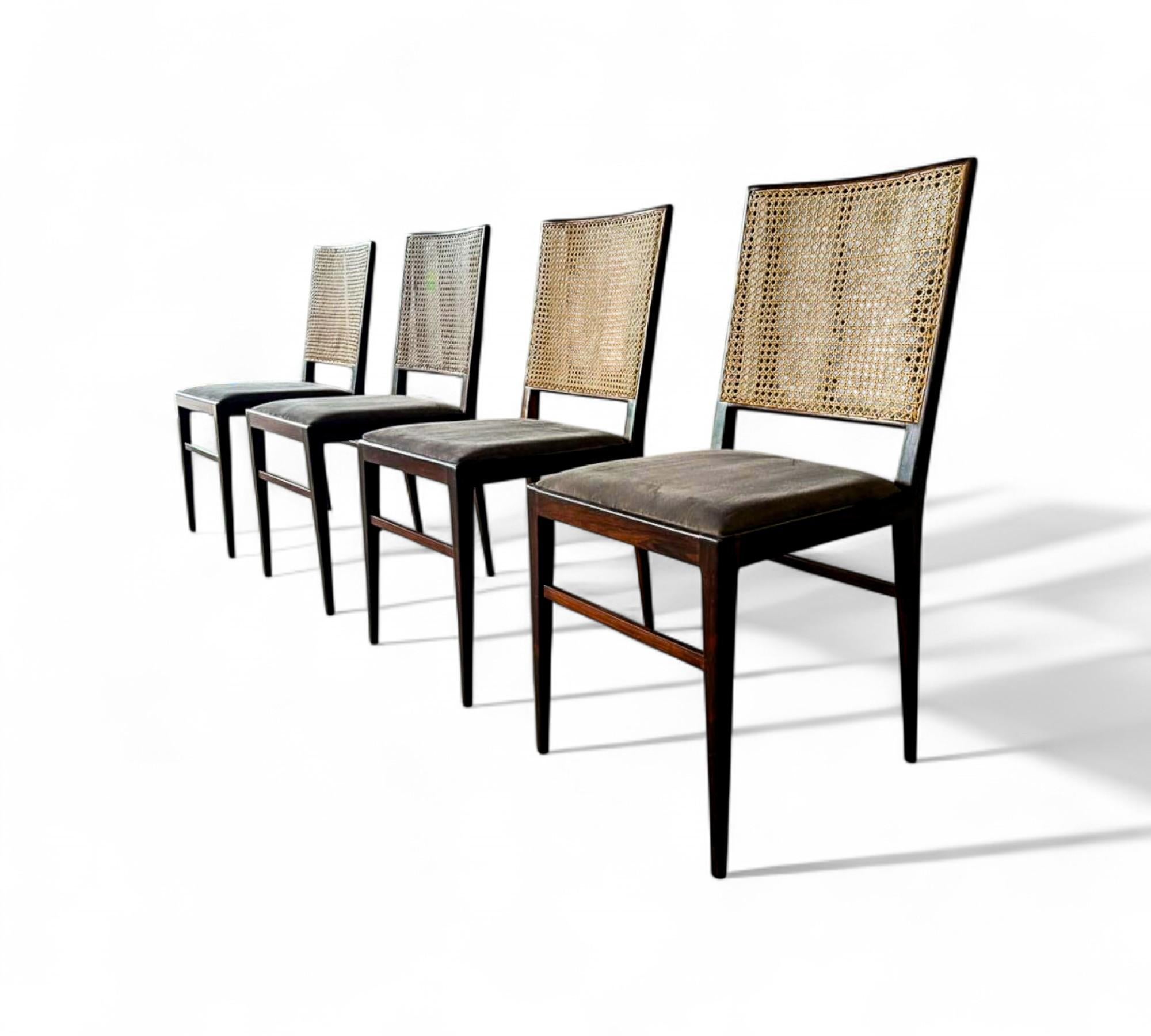 Brazilian Modern Set of 4 Chairs in Hardwood, Caning & Suede, Celina, 1960s im Zustand „Gut“ im Angebot in New York, NY