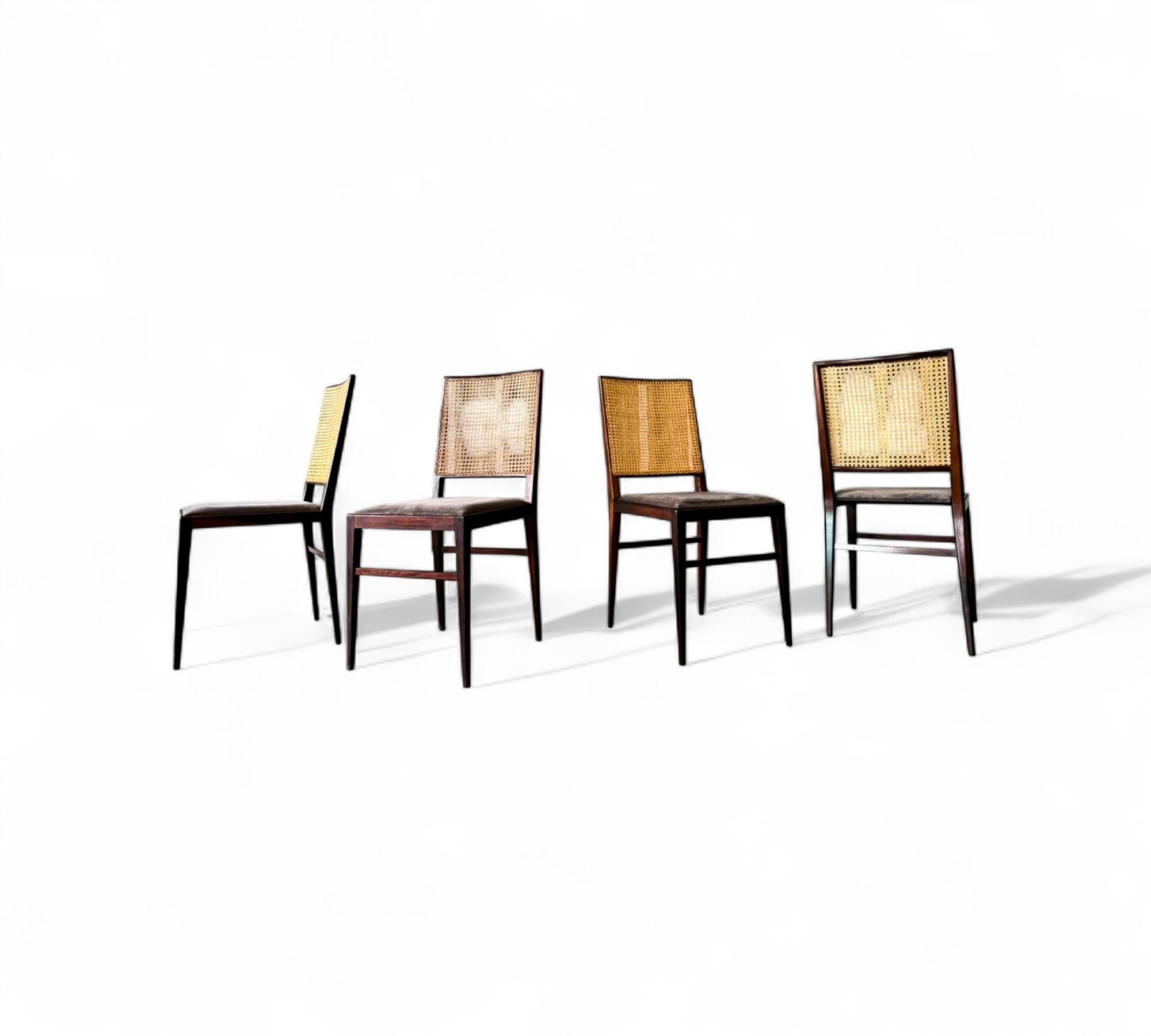 Brazilian Modern Set of 4 Chairs in Hardwood, Caning & Suede, Celina, 1960s (20. Jahrhundert) im Angebot